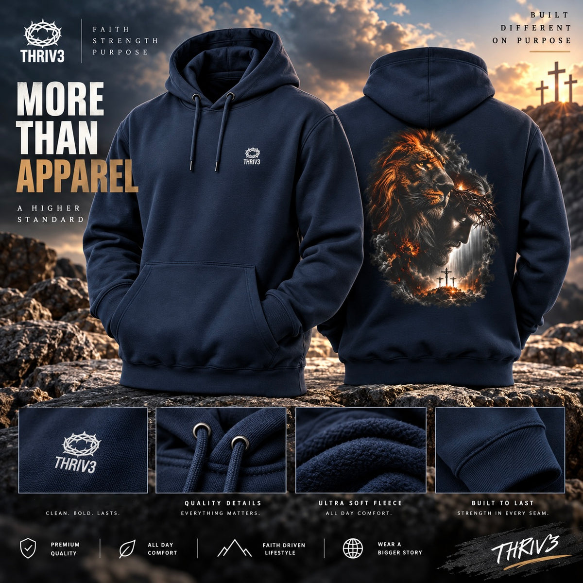 Christian Lion & Cross Fleece Hoodie — Faith Graphic Pullover