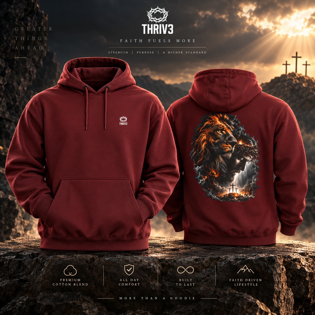 Christian Lion & Cross Fleece Hoodie — Faith Graphic Pullover
