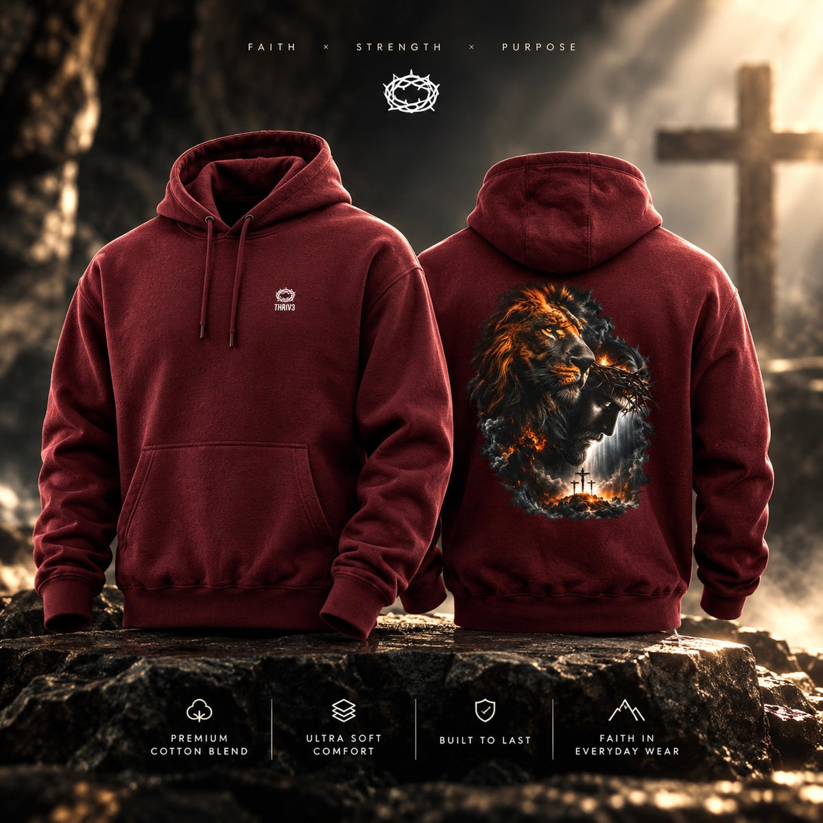 Christian Lion & Cross Fleece Hoodie — Faith Graphic Pullover