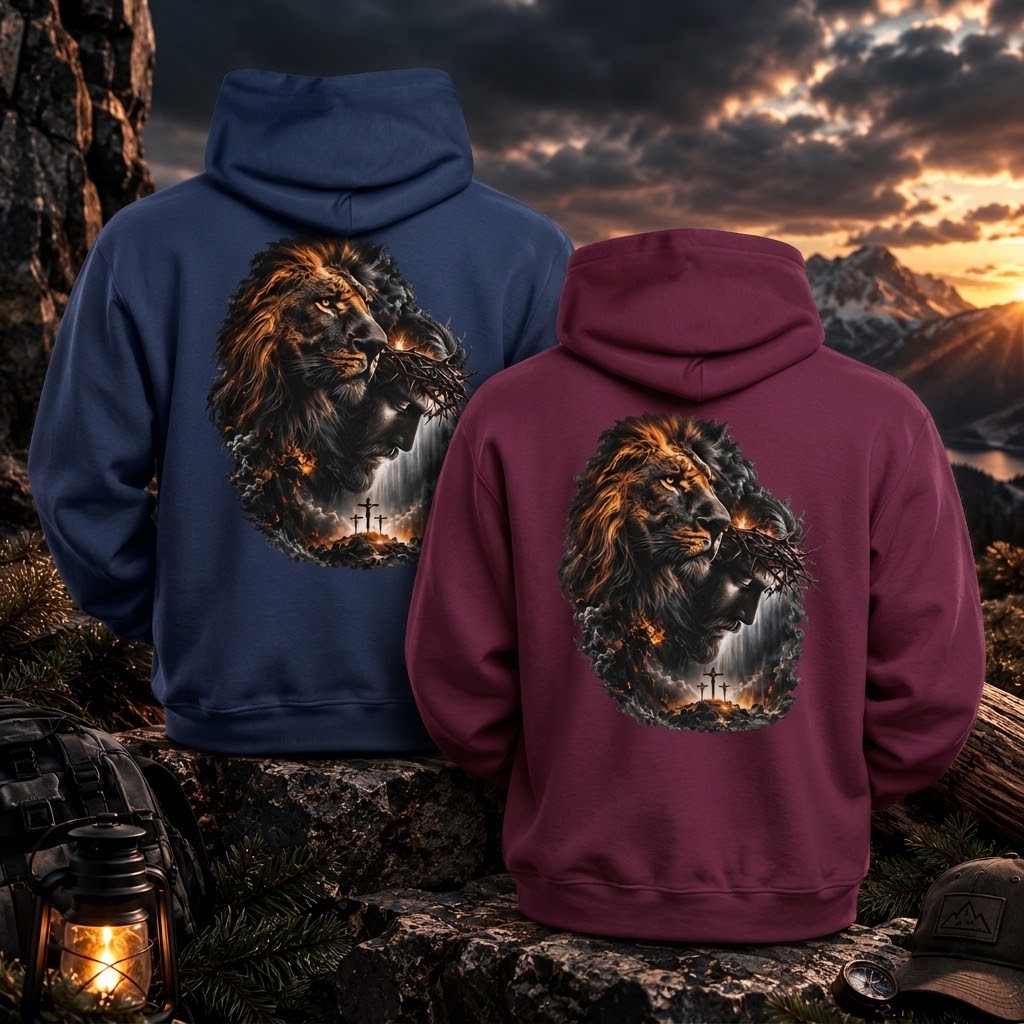 Christian Lion & Cross Fleece Hoodie — Faith Graphic Pullover