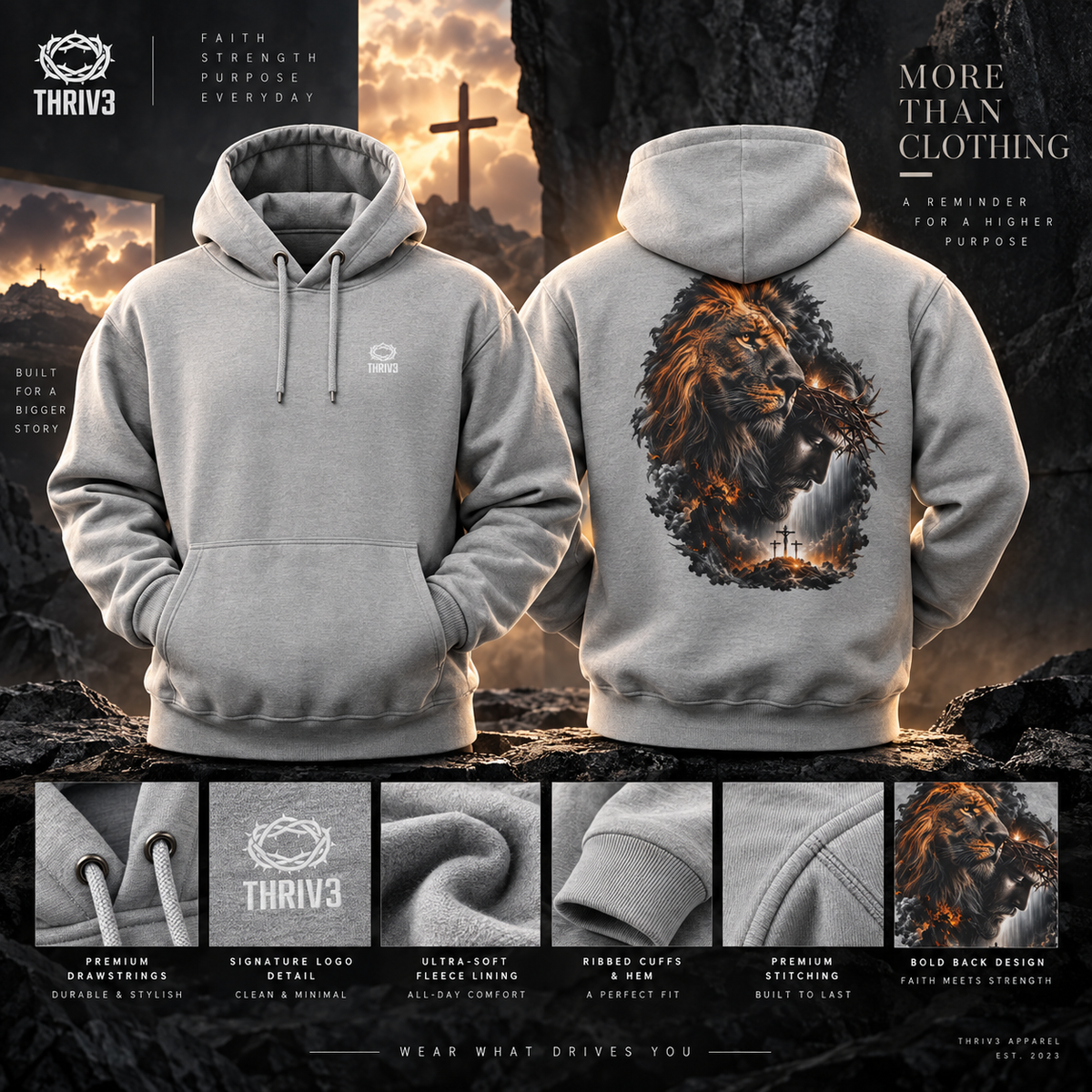 Christian Lion & Cross Fleece Hoodie — Faith Graphic Pullover