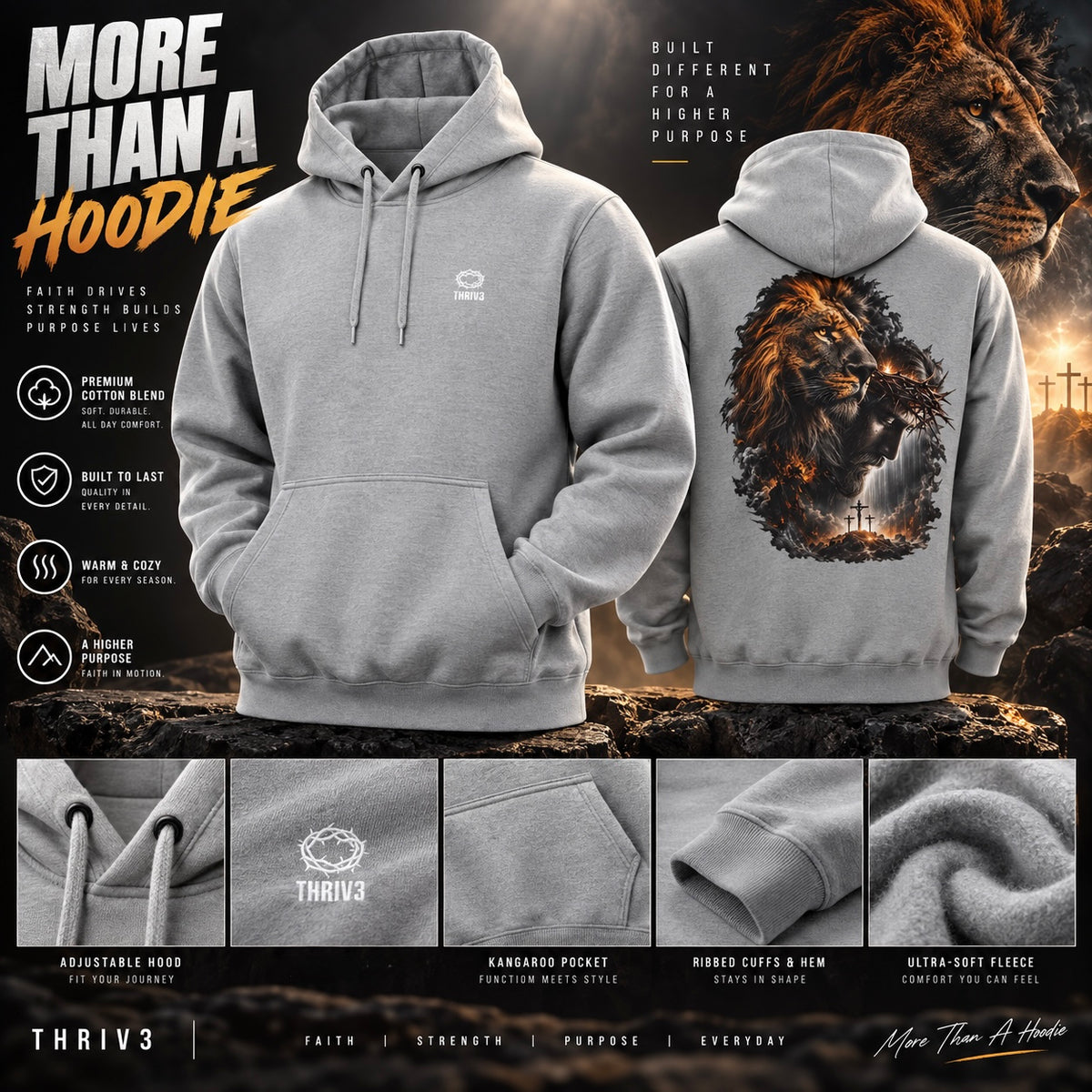 Christian Lion & Cross Fleece Hoodie — Faith Graphic Pullover