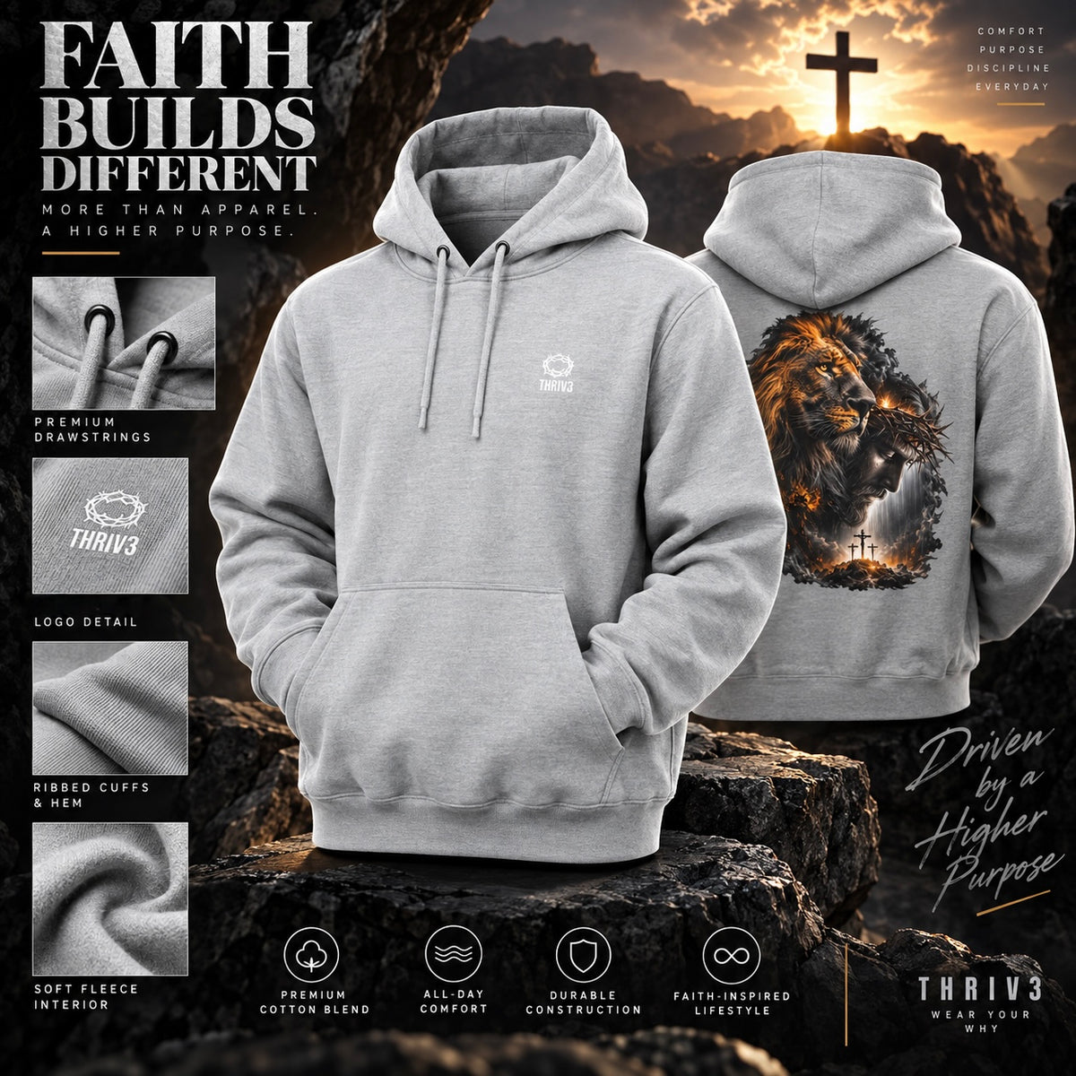 Christian Lion & Cross Fleece Hoodie — Faith Graphic Pullover