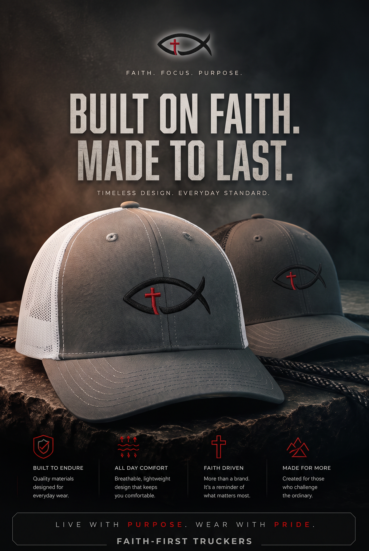 Christian Ichthys Fish Snapback Trucker Cap — Cross Embroidered Faith Hat