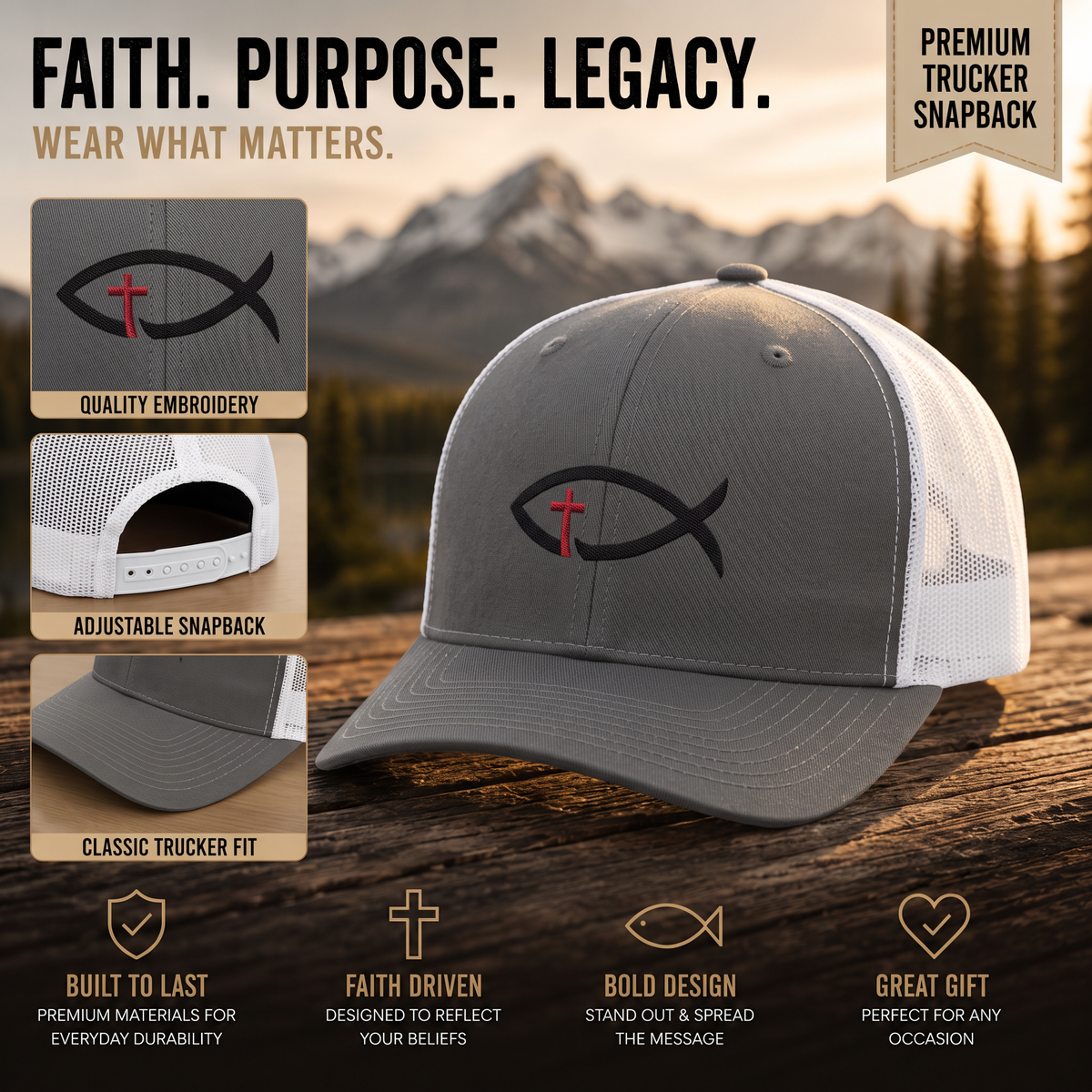 Christian Ichthys Fish Snapback Trucker Cap — Cross Embroidered Faith Hat