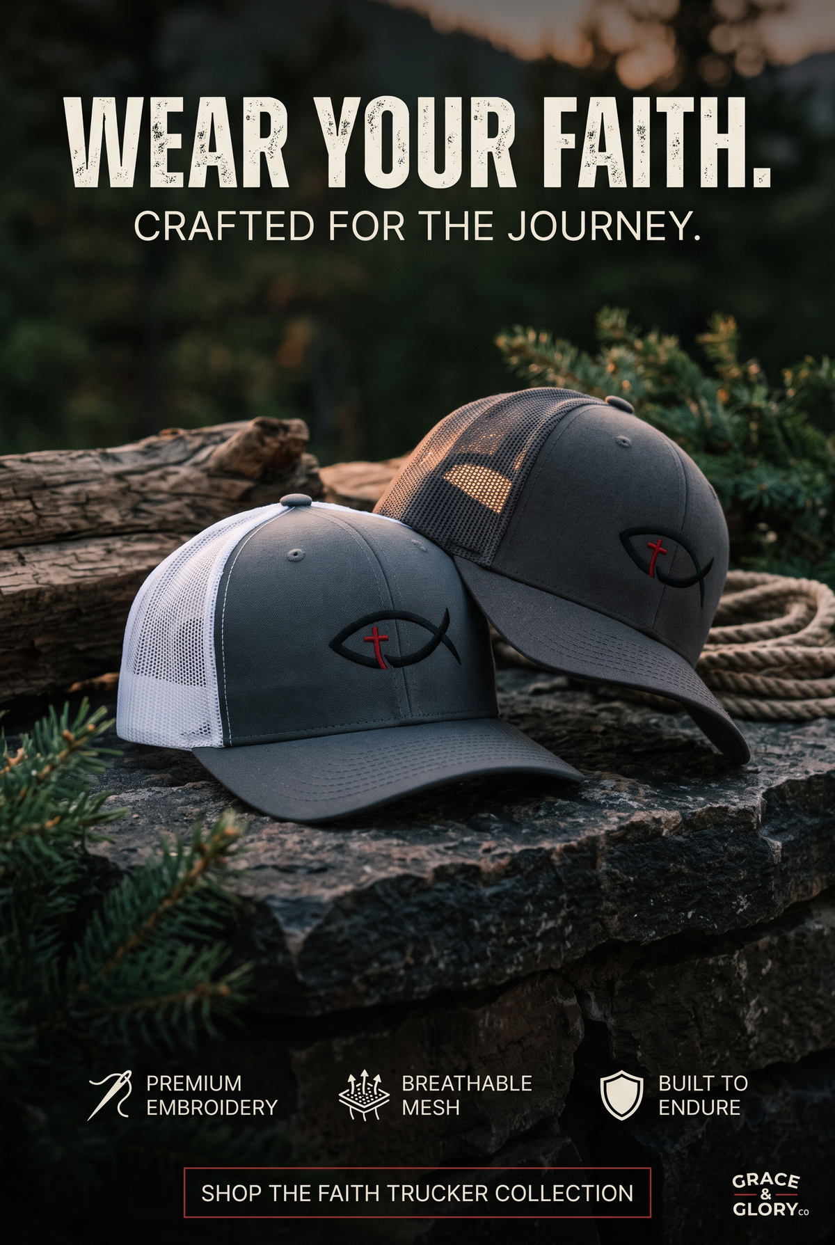 Christian Ichthys Fish Snapback Trucker Cap — Cross Embroidered Faith Hat