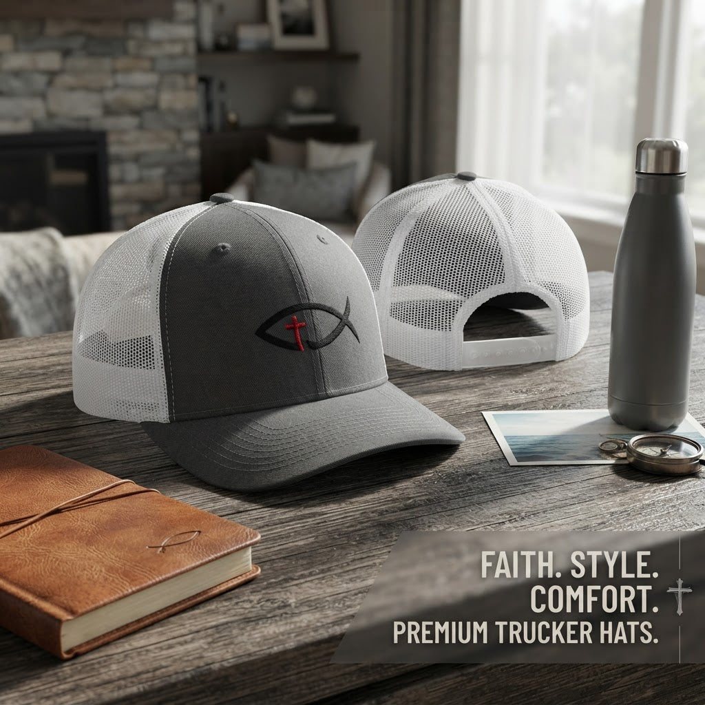 Christian Ichthys Fish Snapback Trucker Cap — Cross Embroidered Faith Hat