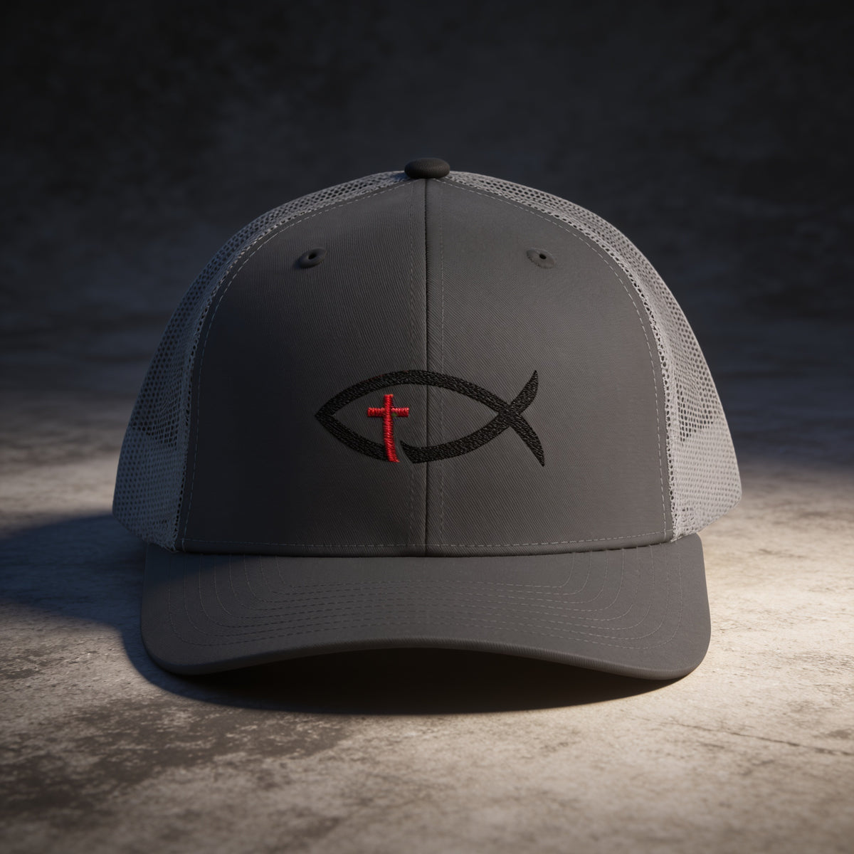 Christian Ichthys Fish Snapback Trucker Cap — Cross Embroidered Faith Hat