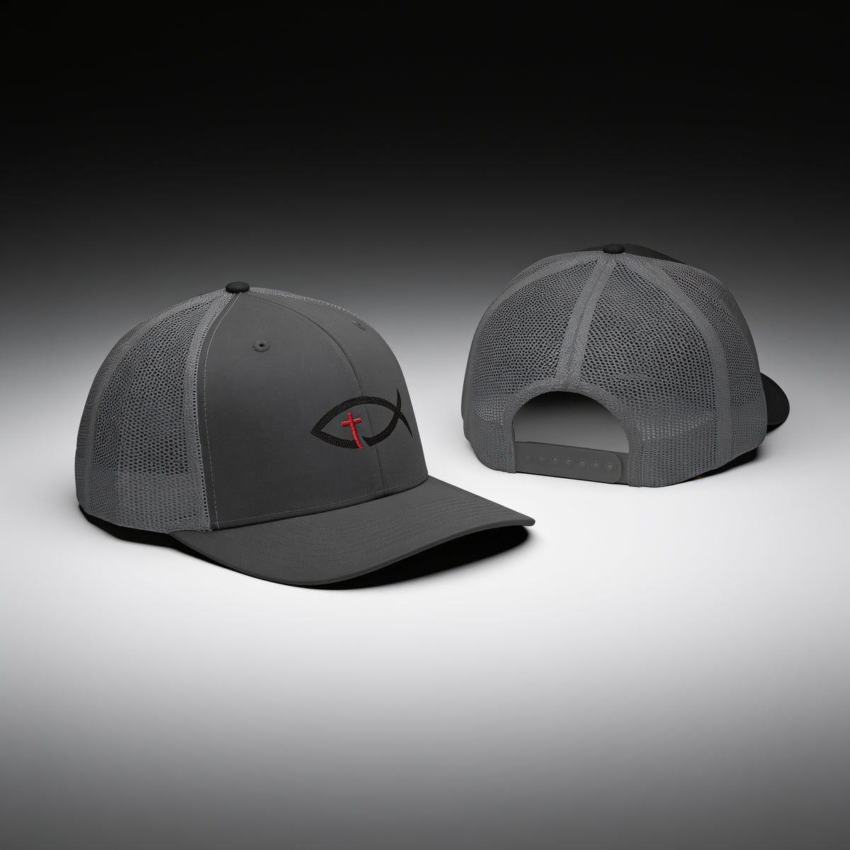 Christian Ichthys Fish Snapback Trucker Cap — Cross Embroidered Faith Hat