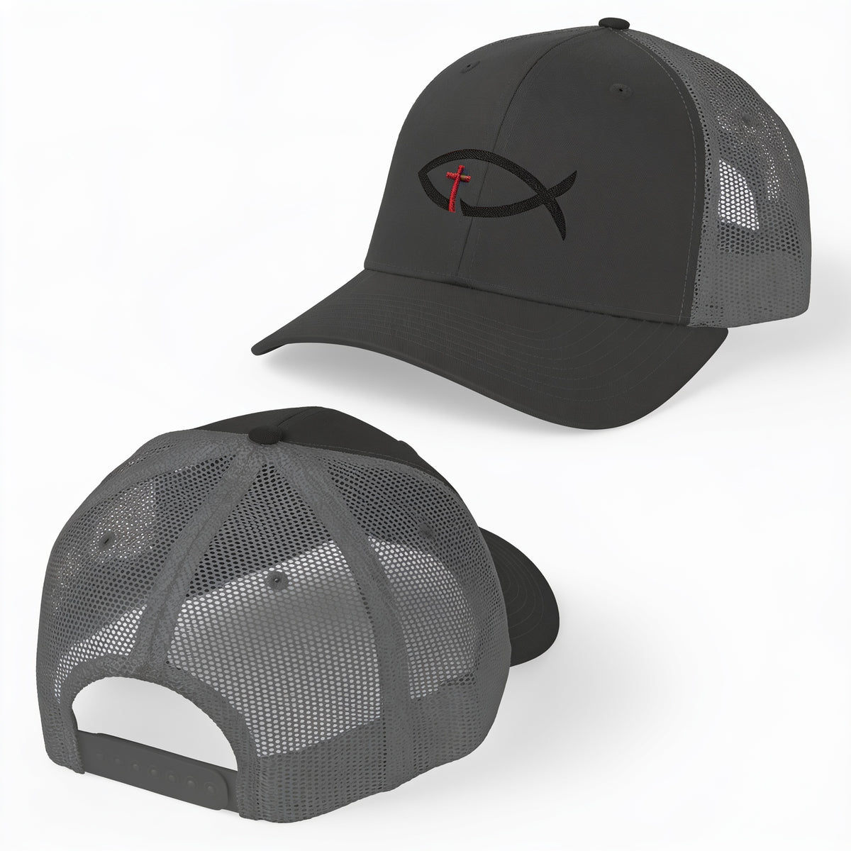 Christian Ichthys Fish Snapback Trucker Cap — Cross Embroidered Faith Hat