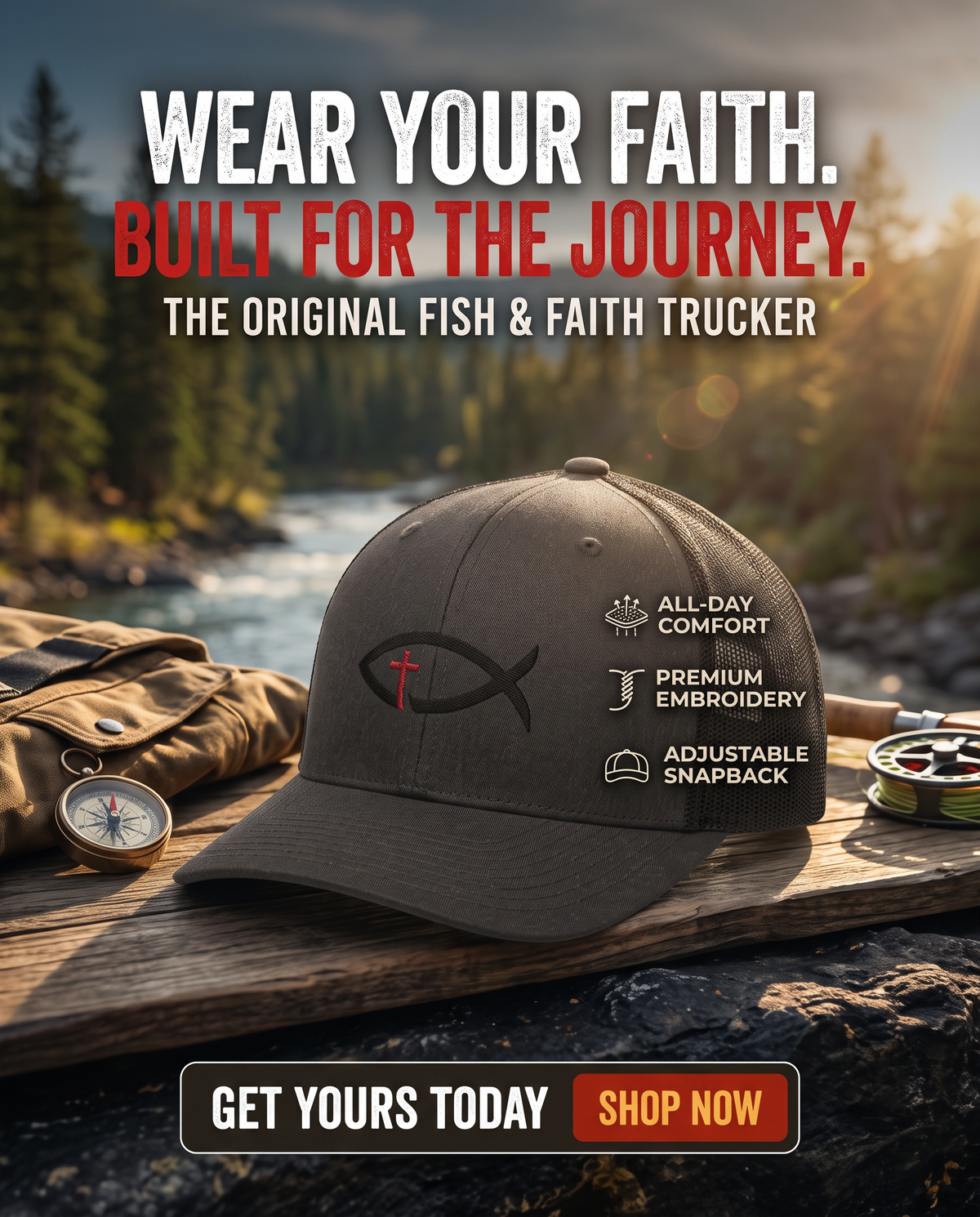 Christian Ichthys Fish Snapback Trucker Cap — Cross Embroidered Faith Hat