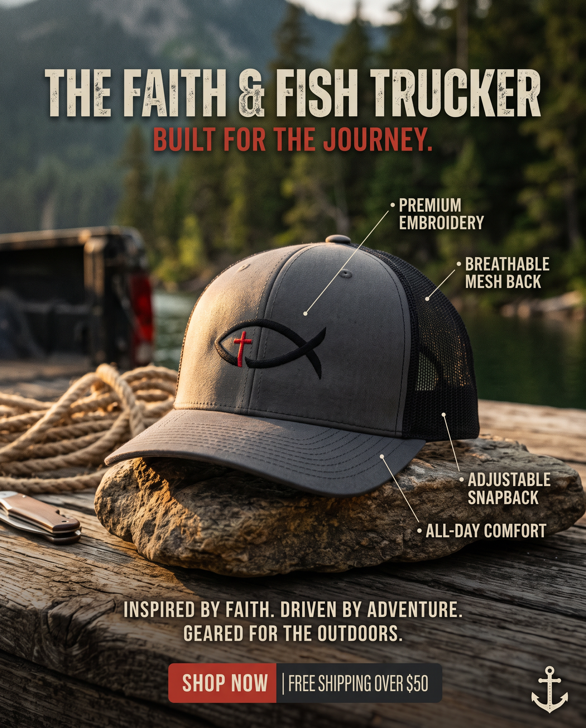 Christian Ichthys Fish Snapback Trucker Cap — Cross Embroidered Faith Hat
