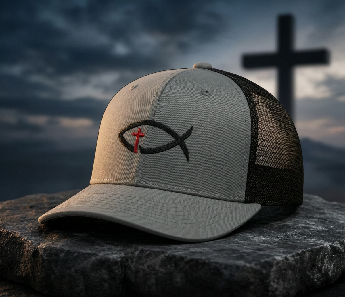 Christian Ichthys Fish Snapback Trucker Cap — Cross Embroidered Faith Hat