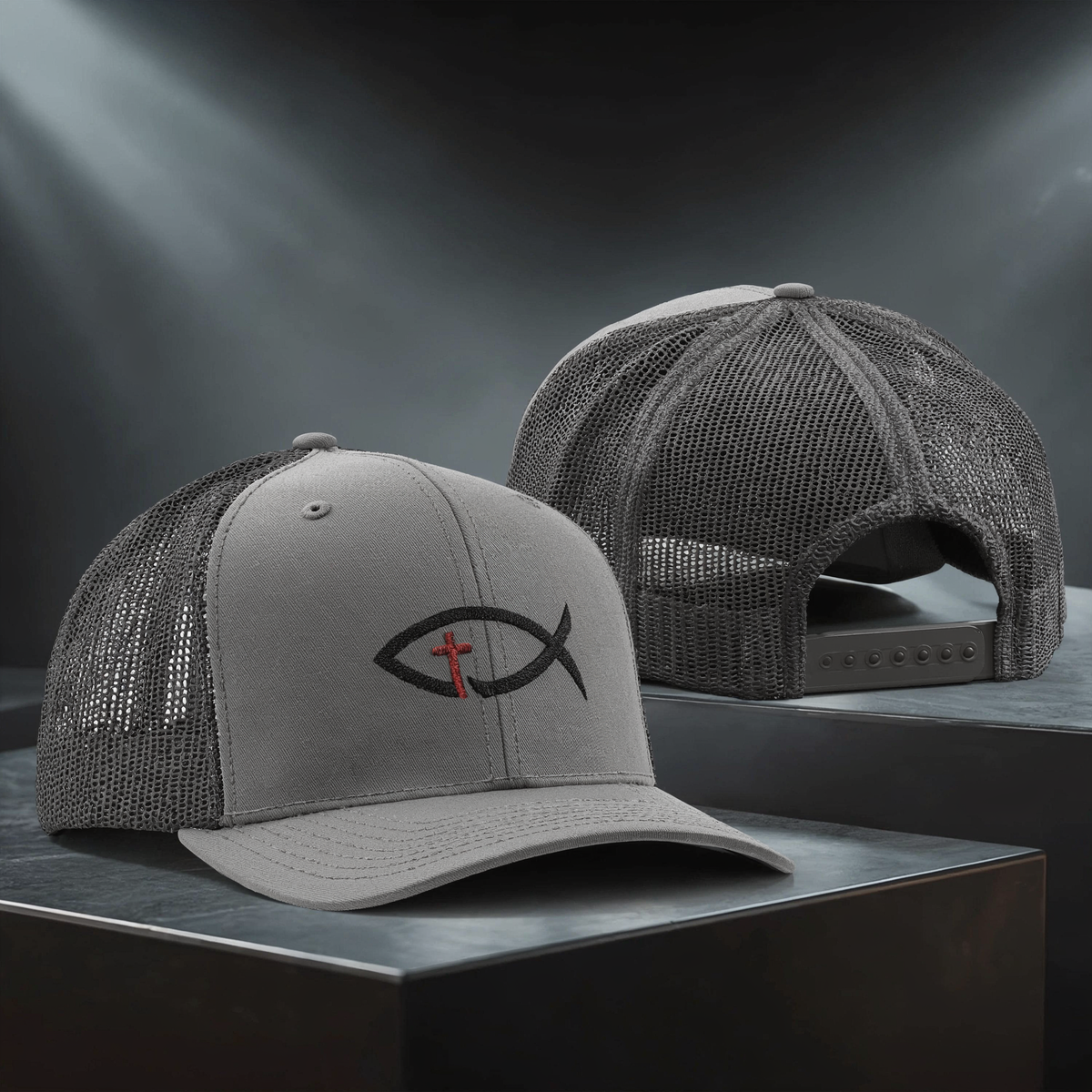 Christian Ichthys Fish Snapback Trucker Cap — Cross Embroidered Faith Hat
