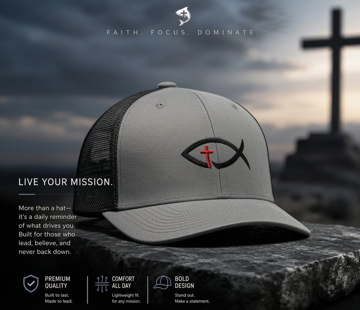 Christian Ichthys Fish Snapback Trucker Cap — Cross Embroidered Faith Hat
