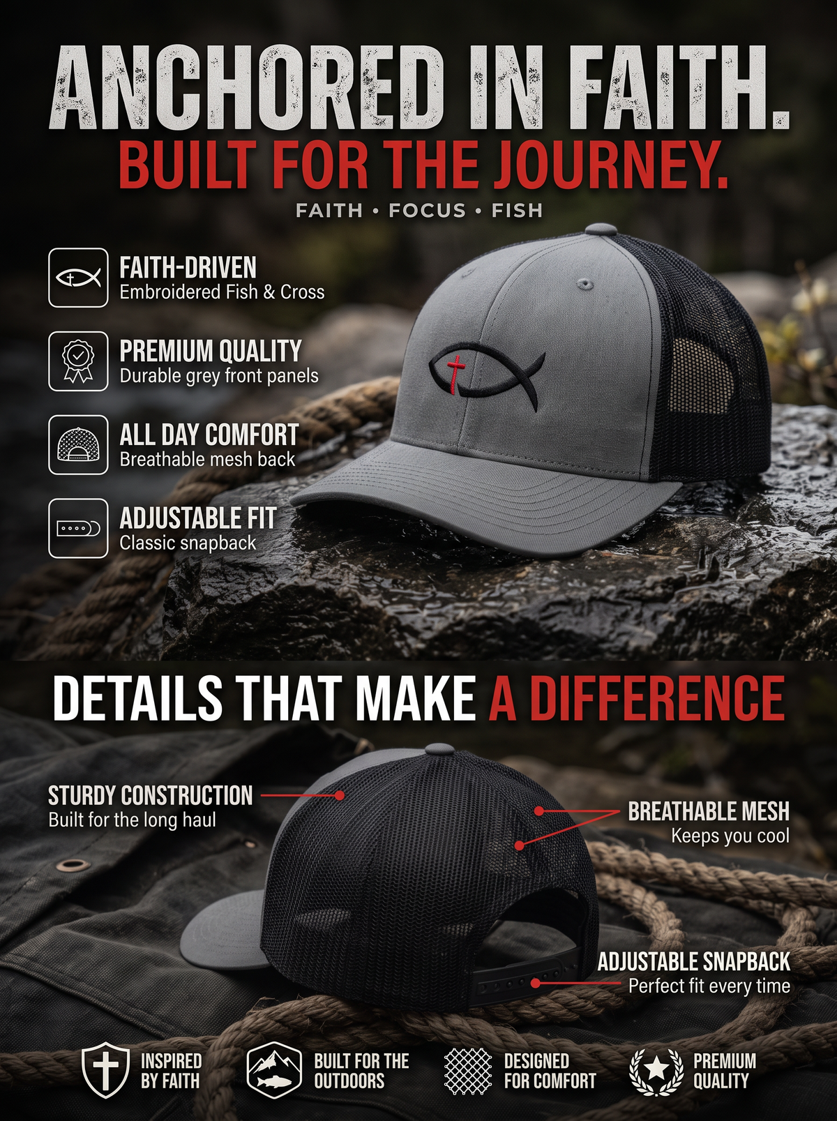 Christian Ichthys Fish Snapback Trucker Cap — Cross Embroidered Faith Hat