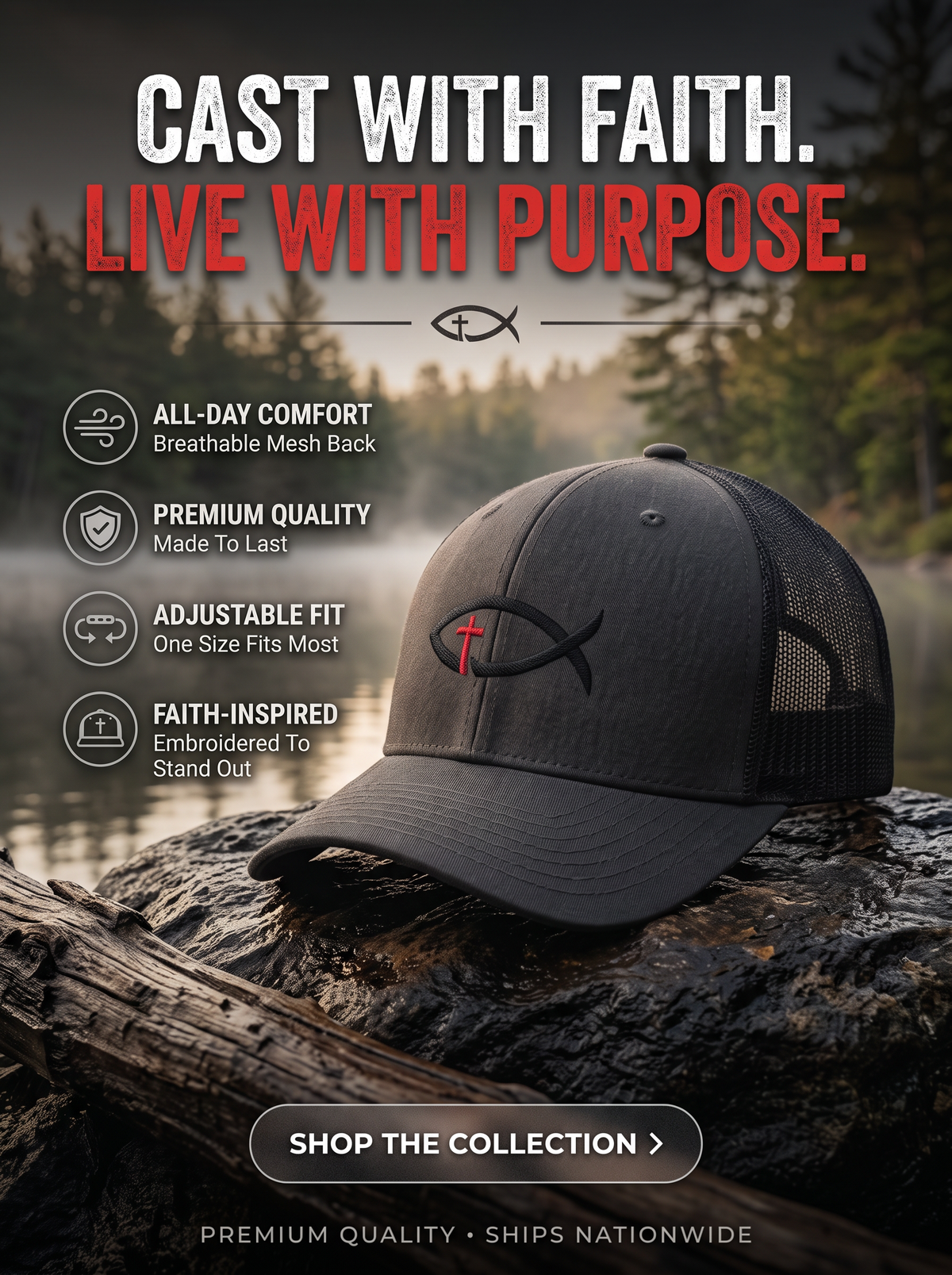 Christian Ichthys Fish Snapback Trucker Cap — Cross Embroidered Faith Hat