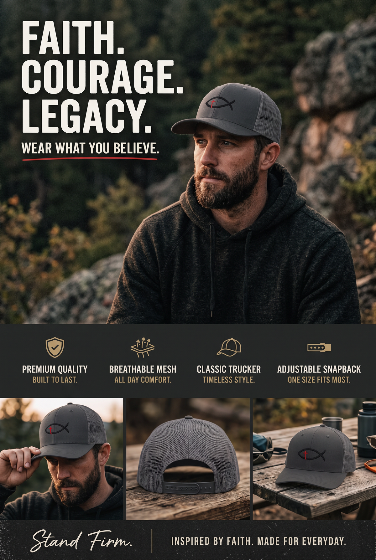 Christian Ichthys Fish Snapback Trucker Cap — Cross Embroidered Faith Hat