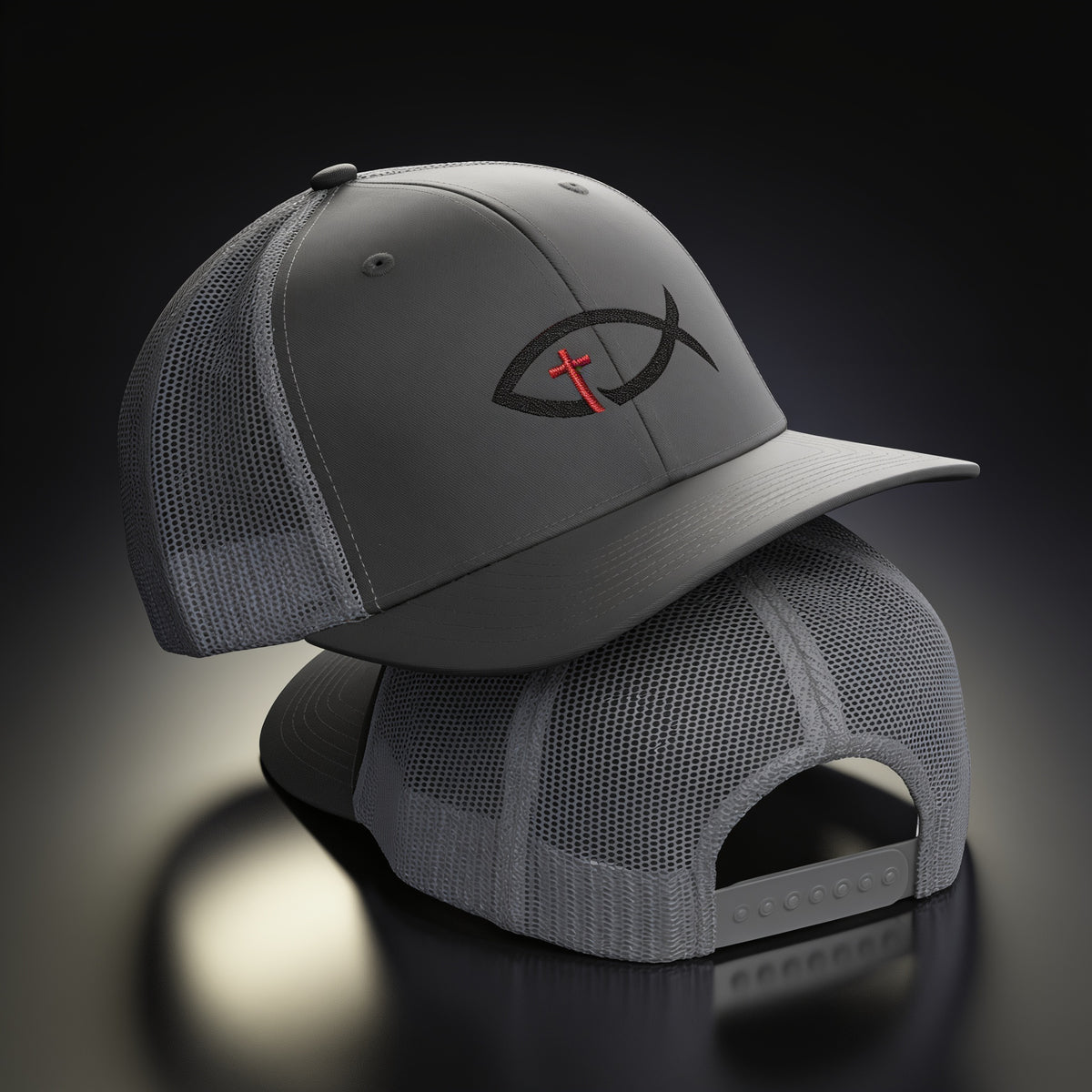 Christian Ichthys Fish Snapback Trucker Cap — Cross Embroidered Faith Hat
