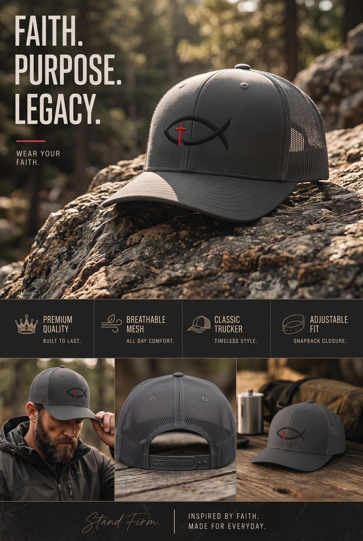 Christian Ichthys Fish Snapback Trucker Cap — Cross Embroidered Faith Hat