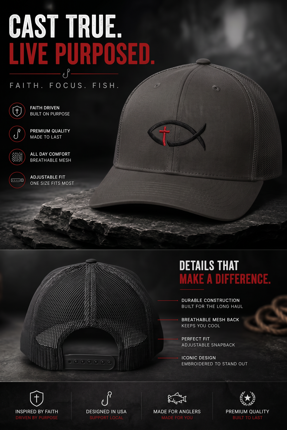 Christian Ichthys Fish Snapback Trucker Cap — Cross Embroidered Faith Hat