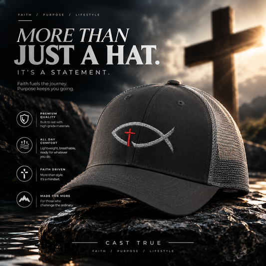 Ichthys Christian Fish Embroidered Snapback Trucker Hat | Christian Fish & Cross