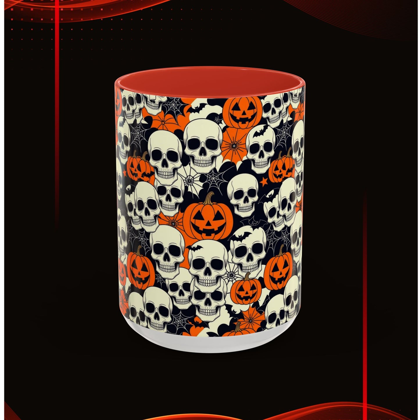 Halloween Skull Accent Coffee Mug (11, 15oz) - Spooky Gift, Witchy Decor, October Celebration, Unique Drinkware, Gothic Kitchen