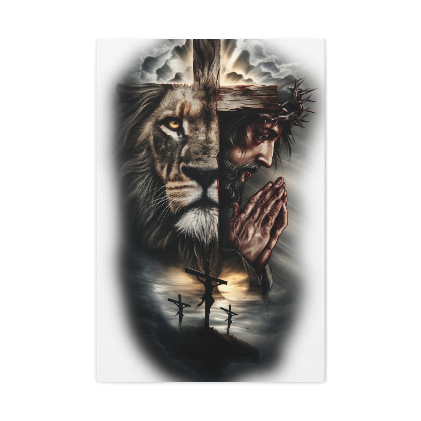 Christian Lion of Judah Canvas Wall Art – Jesus Praying Cross Triptych Matte Stretched