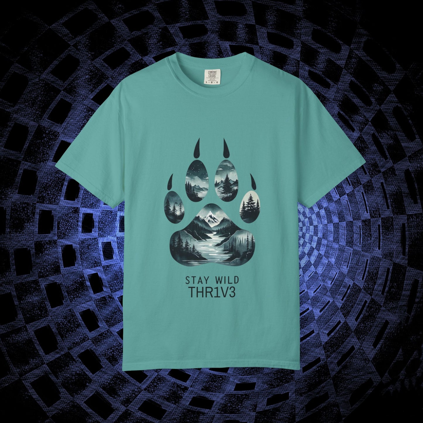Mystic Wolf Paw Wilderness T-shirt -Night Landscape Graphic Tee, Nature Adventure Apparel for Hikers & Outdoor Lovers - Ethereal Mountain Print