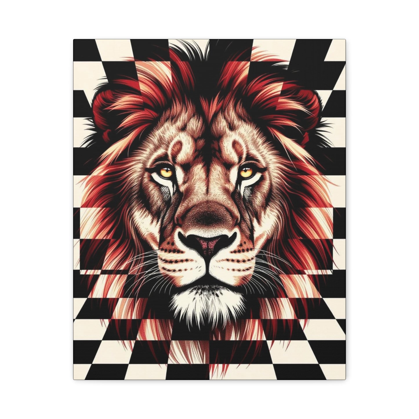 Lion Canvas Wall Art - Red Mane Checkered Design (8”-60” Sizes) Canvas Print