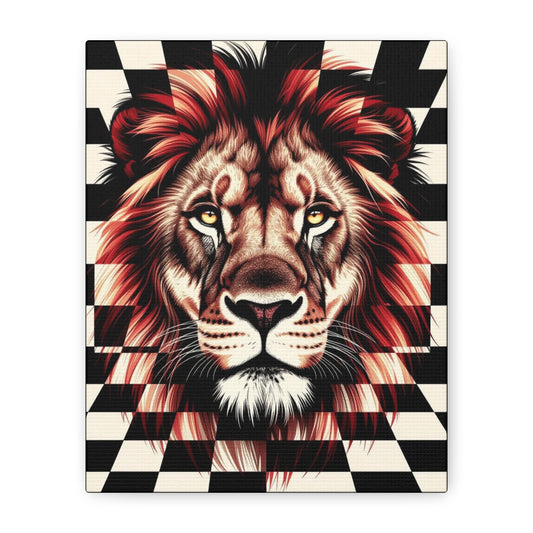 Lion Canvas Wall Art - Red Mane Checkered Design (8”-60” Sizes) Canvas Print
