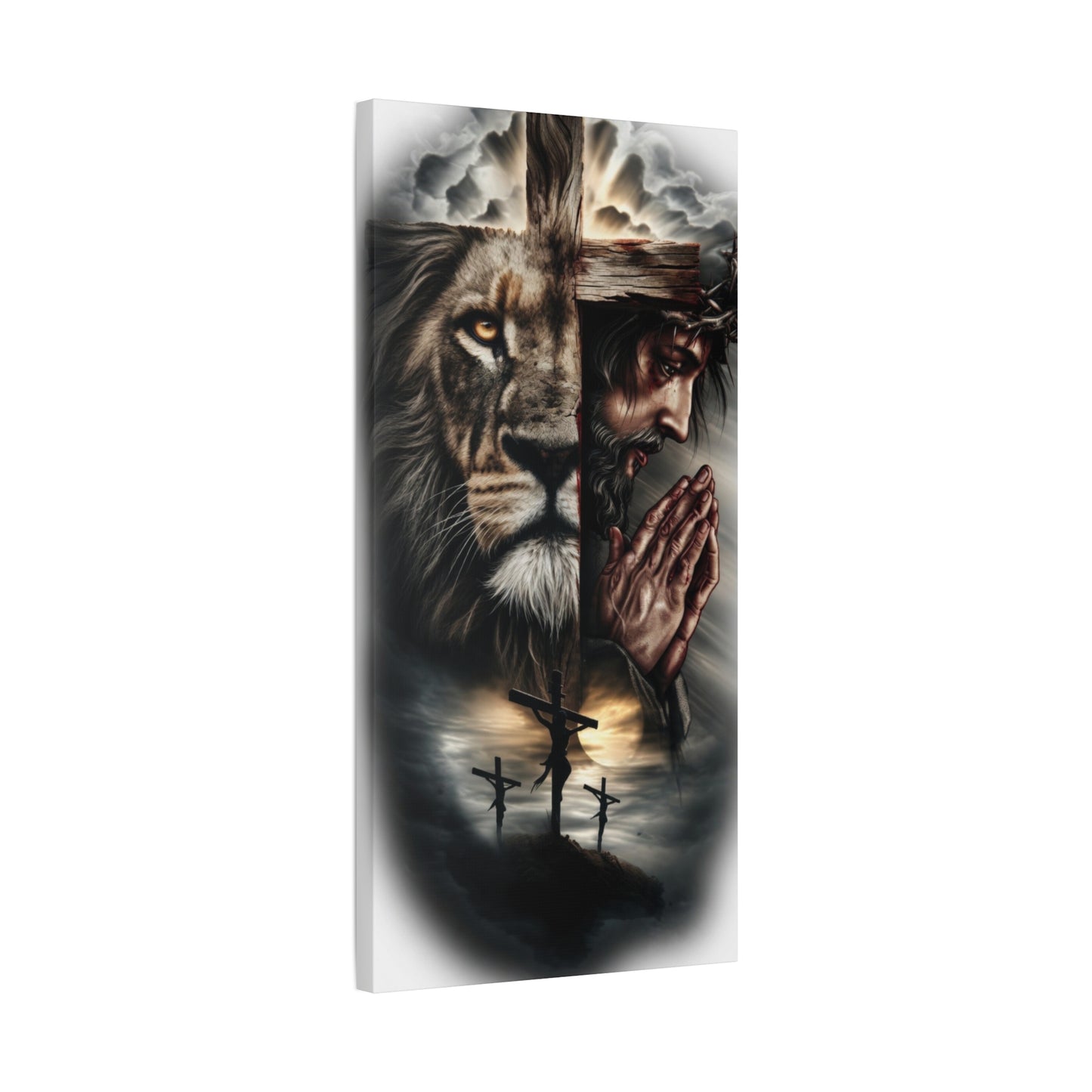 Christian Lion of Judah Canvas Wall Art – Jesus Praying Cross Triptych Matte Stretched