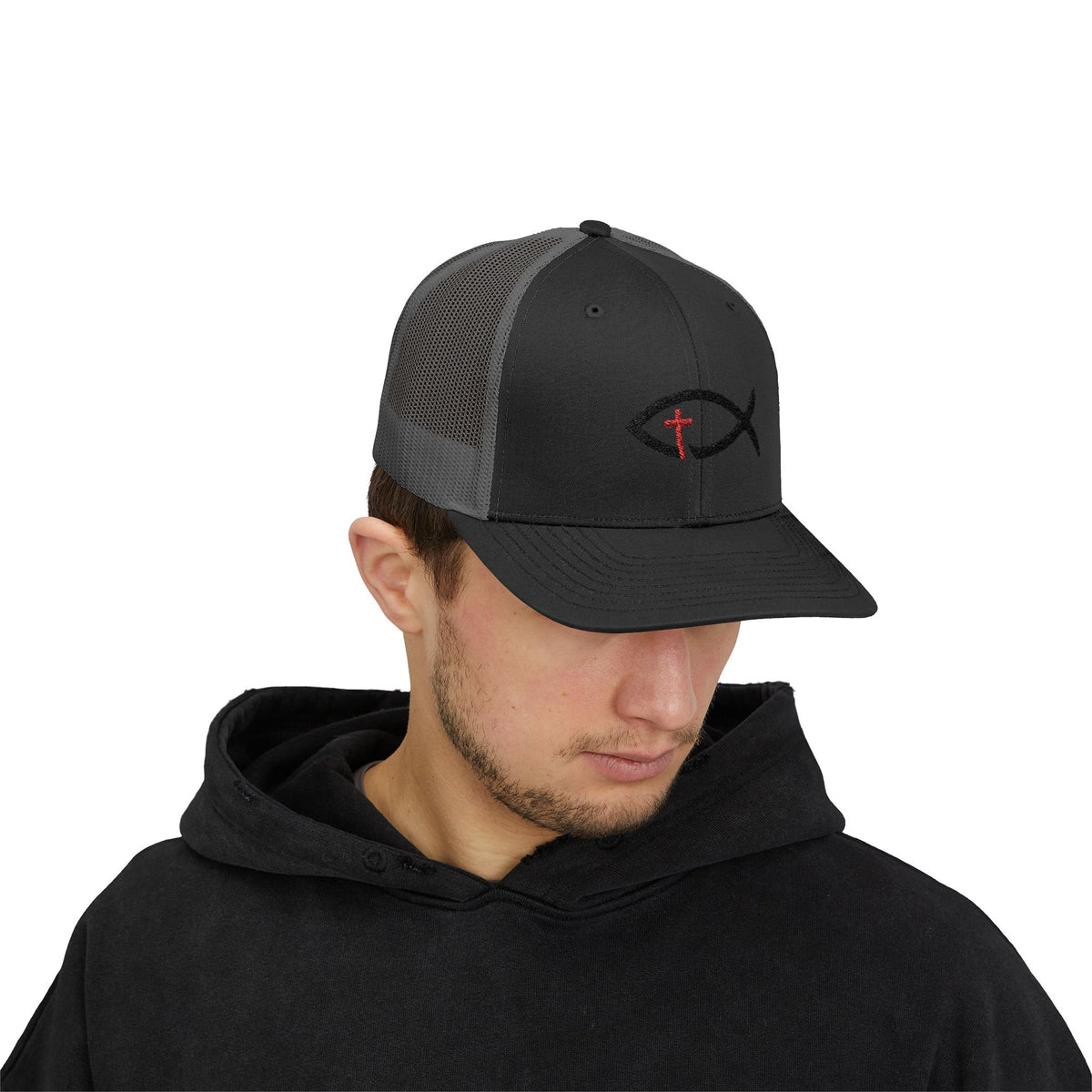 Christian Ichthys Fish Snapback Trucker Cap — Cross Embroidered Faith Hat