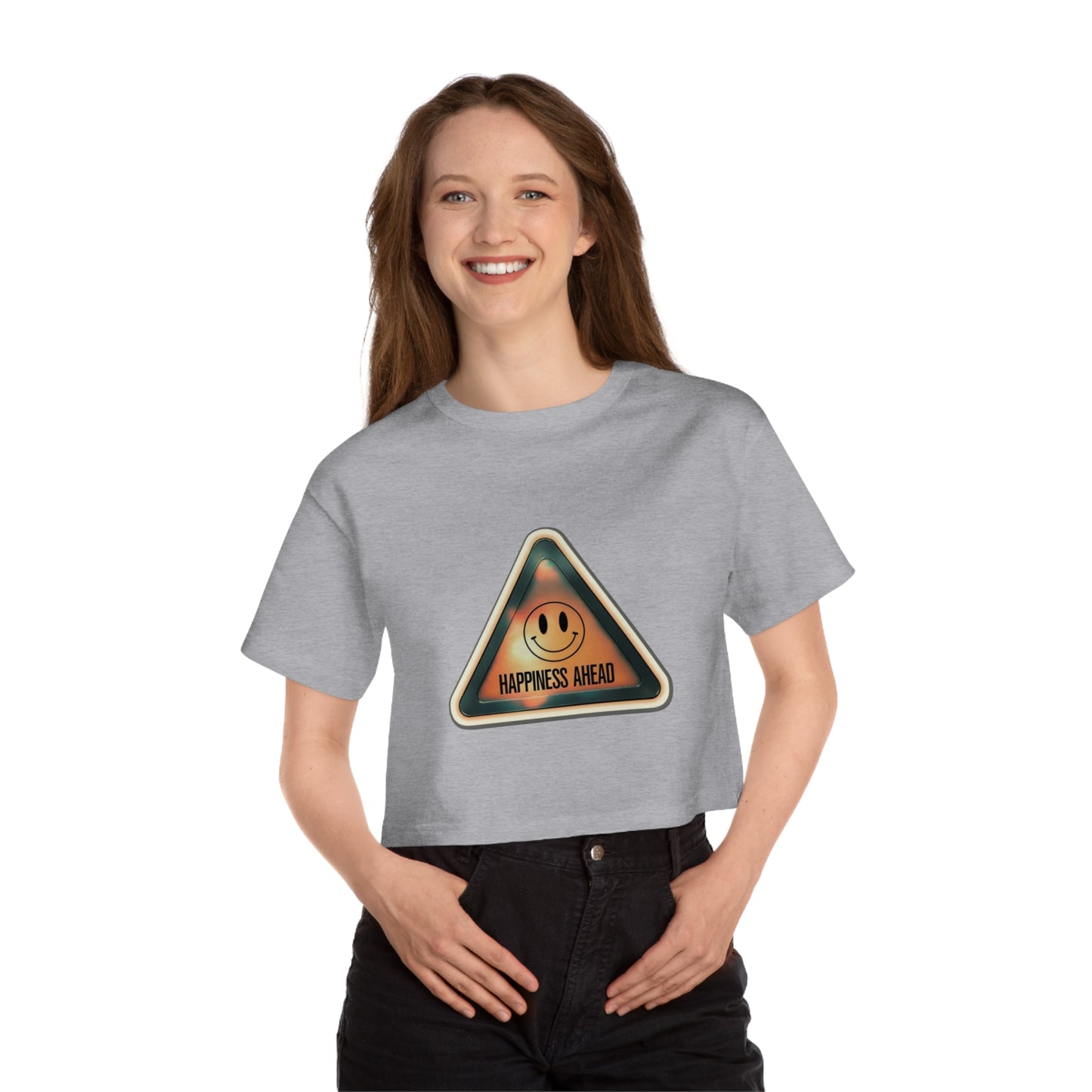 Cropped T-Shirt with Happiness Ahead Design, Casual Top, Everyday Wear, Gift for Friends, Positive Vibes