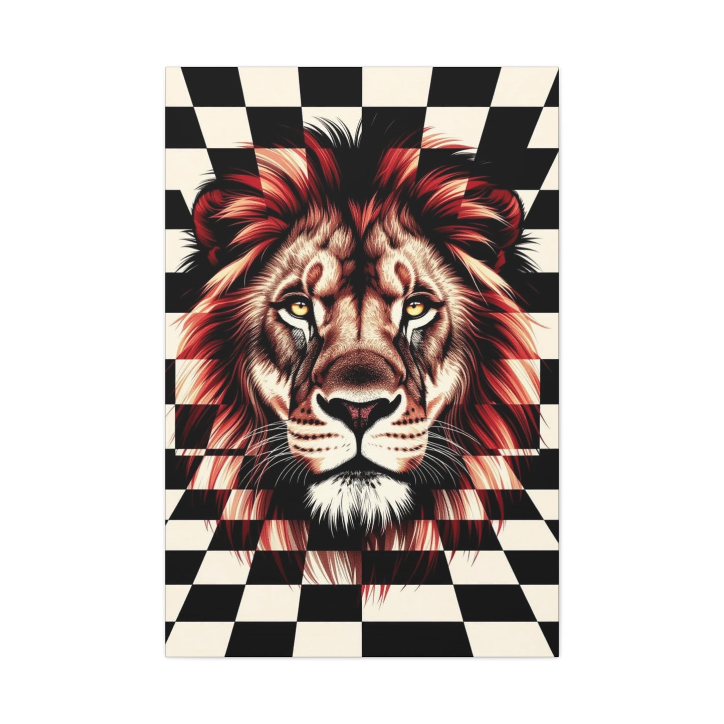Lion Canvas Wall Art - Red Mane Checkered Design (8”-60” Sizes) Canvas Print