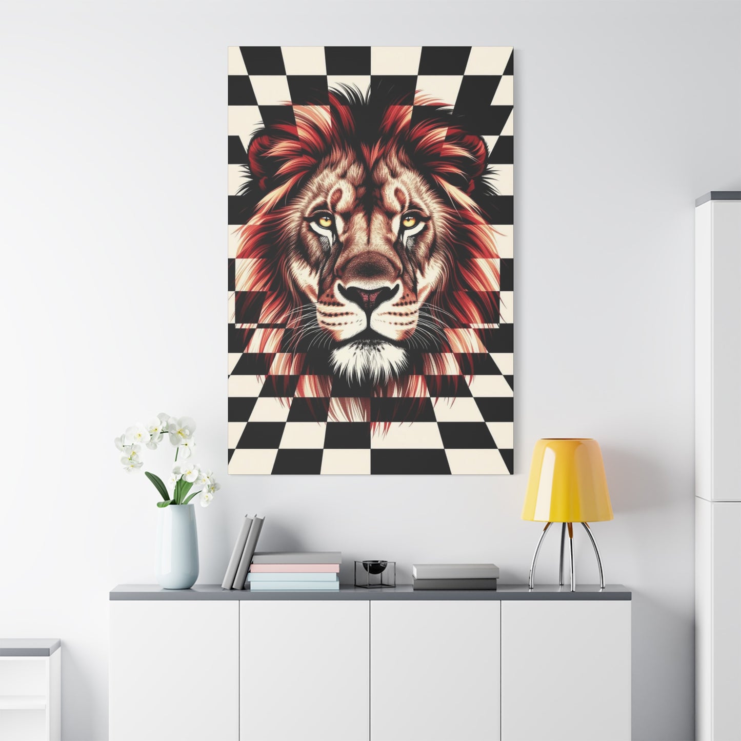Lion Canvas Wall Art - Red Mane Checkered Design (8”-60” Sizes) Canvas Print