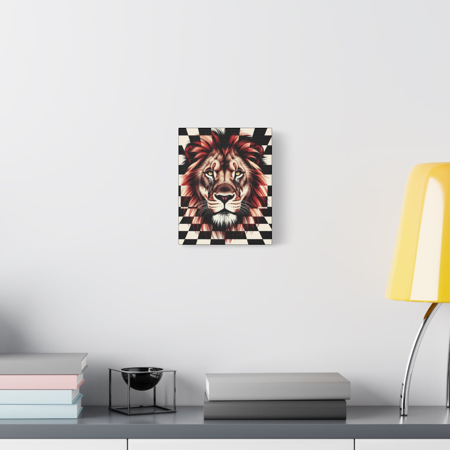 Lion Canvas Wall Art - Red Mane Checkered Design (8”-60” Sizes) Canvas Print