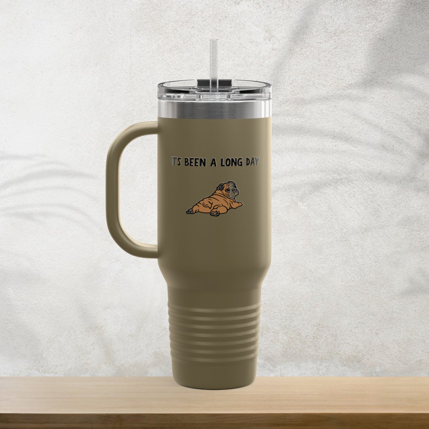 “It’s Been a Long Day” Tired Bulldog 40oz Travel Mug – Cute Funny Puppy Design for Coffee Lovers