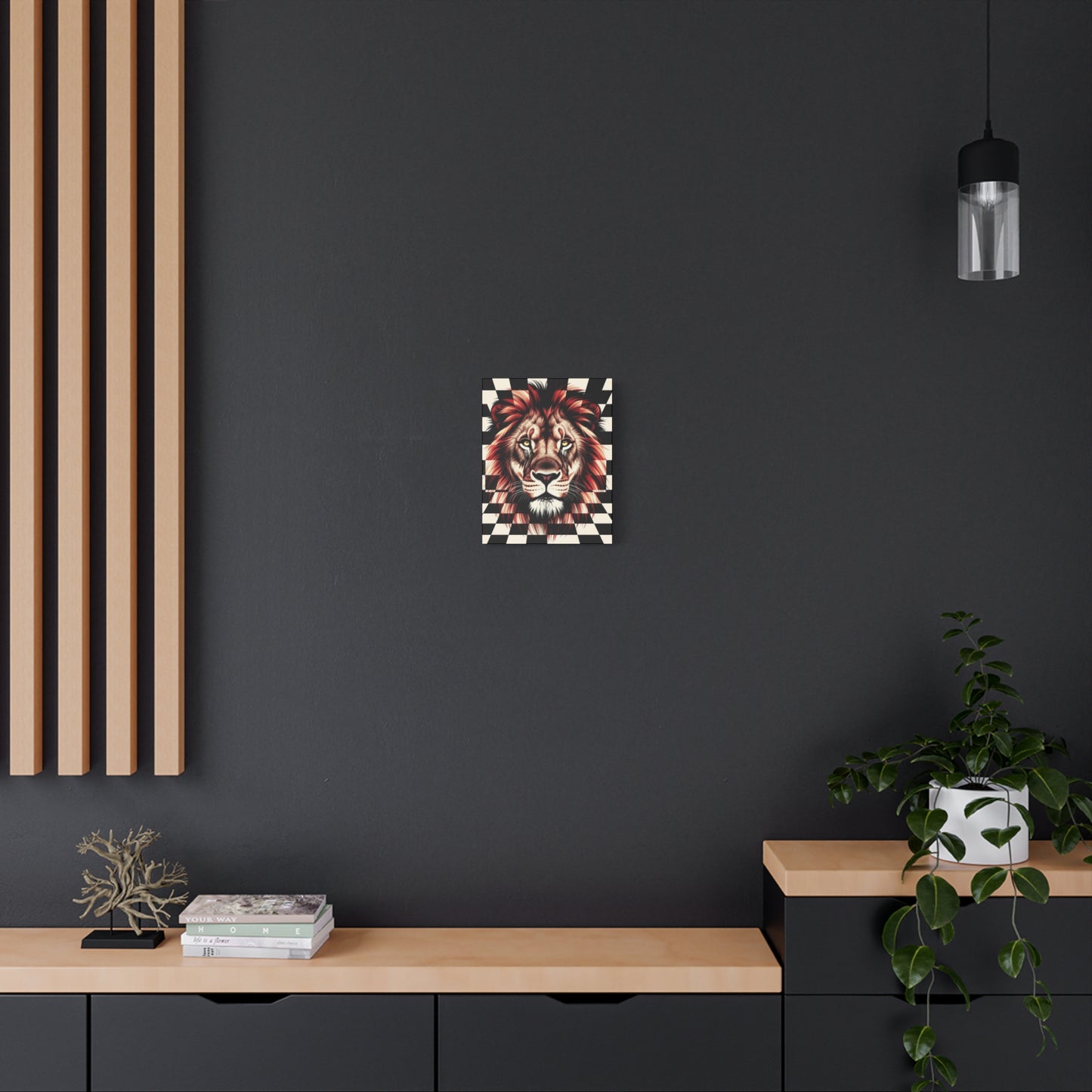 Lion Canvas Wall Art - Red Mane Checkered Design (8”-60” Sizes) Canvas Print