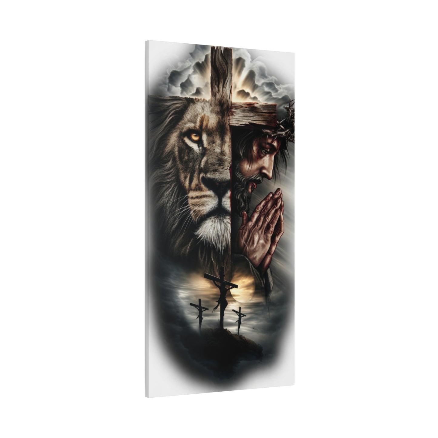 Christian Lion of Judah Canvas Wall Art – Jesus Praying Cross Triptych Matte Stretched