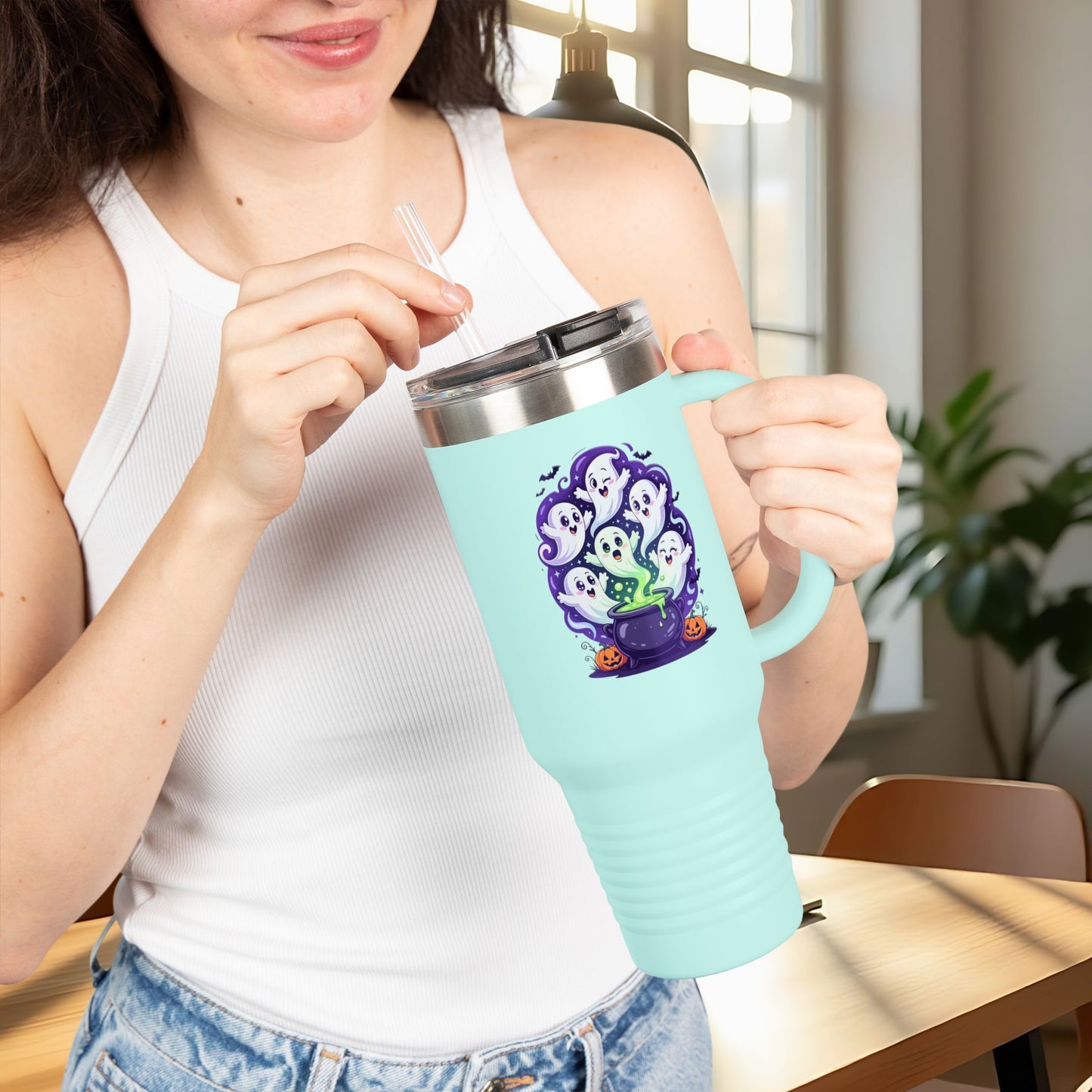 Halloween Travel Mug with Ghost Design, Insulated Coffee Tumbler, Perfect for Fall, Spooky Season Gift, 40oz Mug for Hot or Cold Drinks