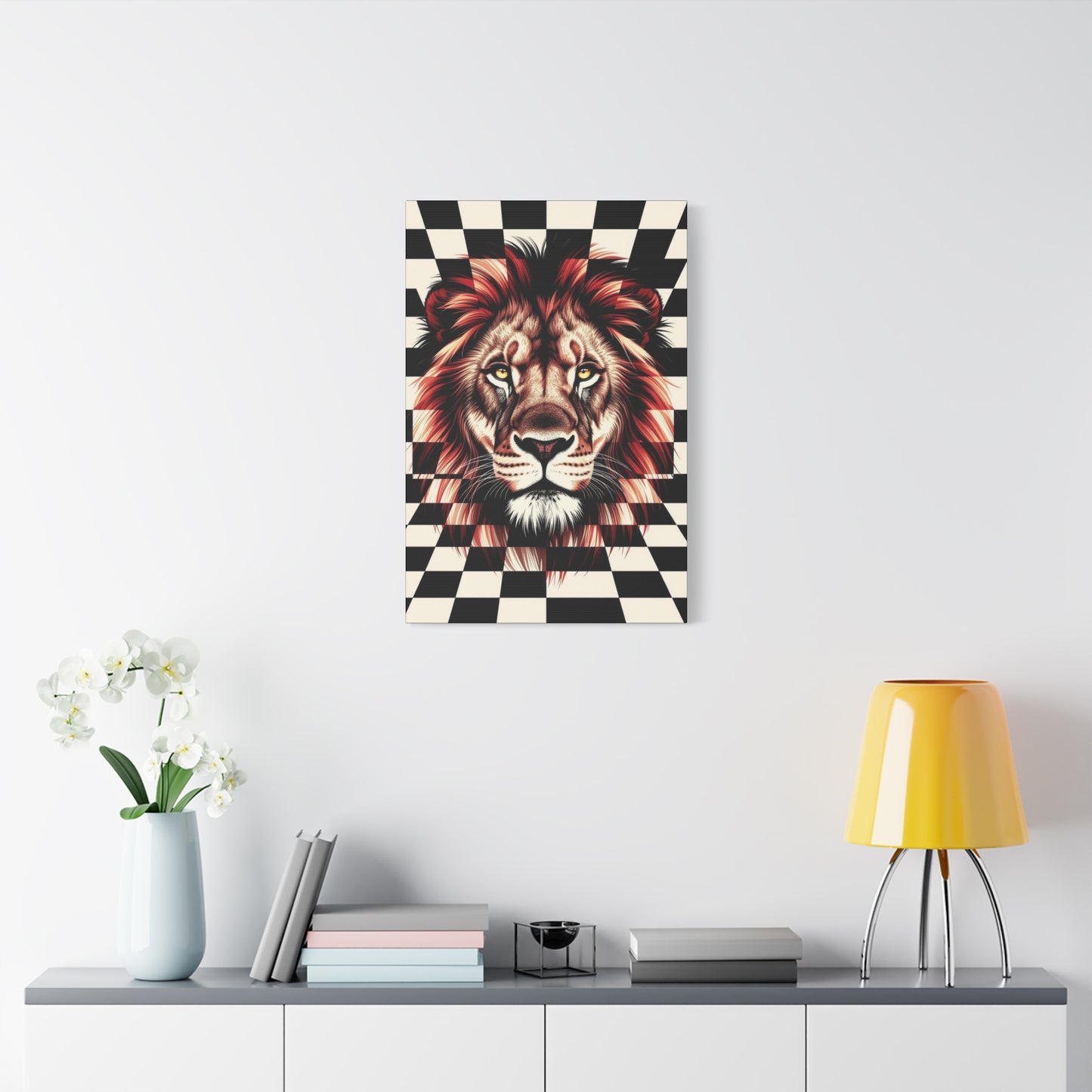 Lion Canvas Wall Art - Red Mane Checkered Design (8”-60” Sizes) Canvas Print