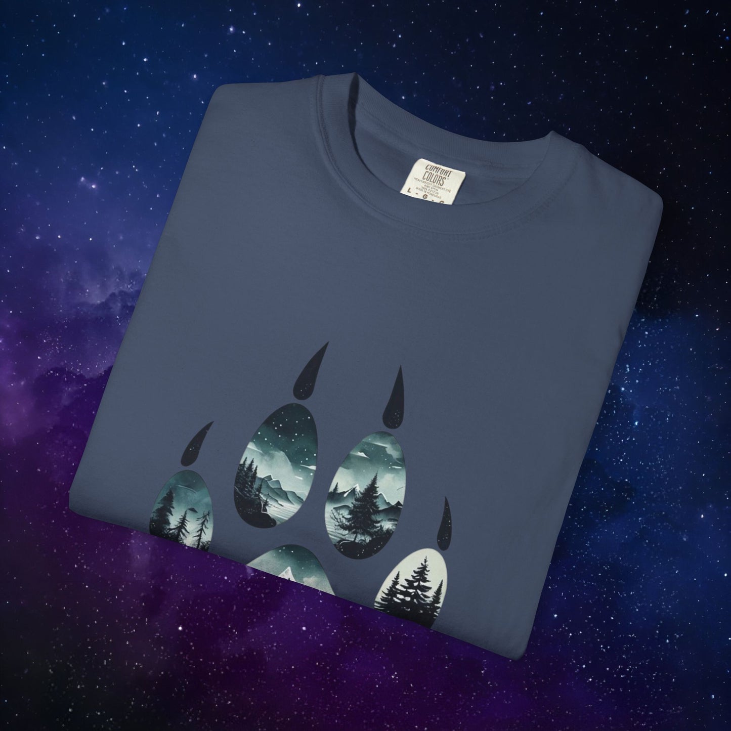 Mystic Wolf Paw Wilderness T-shirt -Night Landscape Graphic Tee, Nature Adventure Apparel for Hikers & Outdoor Lovers - Ethereal Mountain Print
