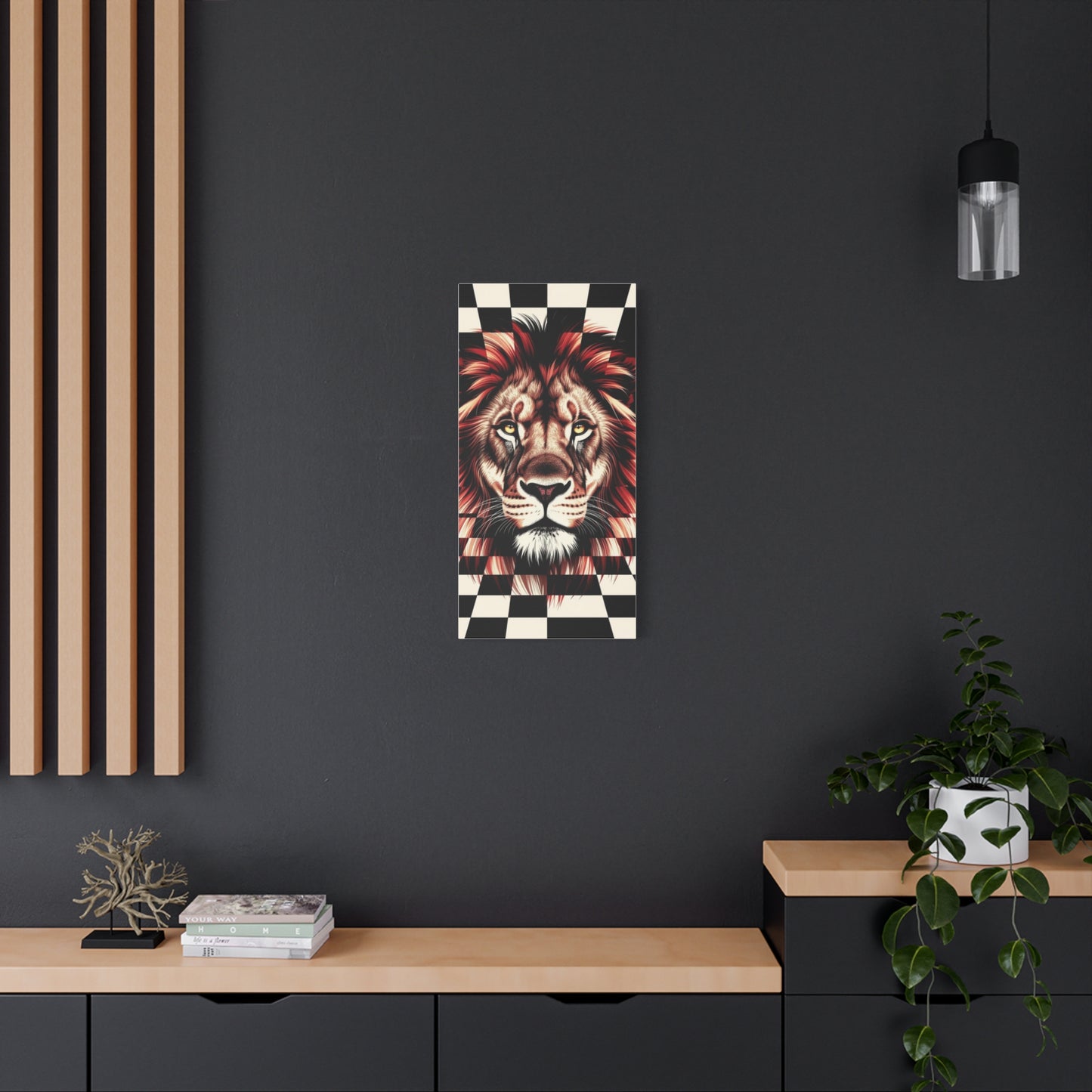 Lion Canvas Wall Art - Red Mane Checkered Design (8”-60” Sizes) Canvas Print