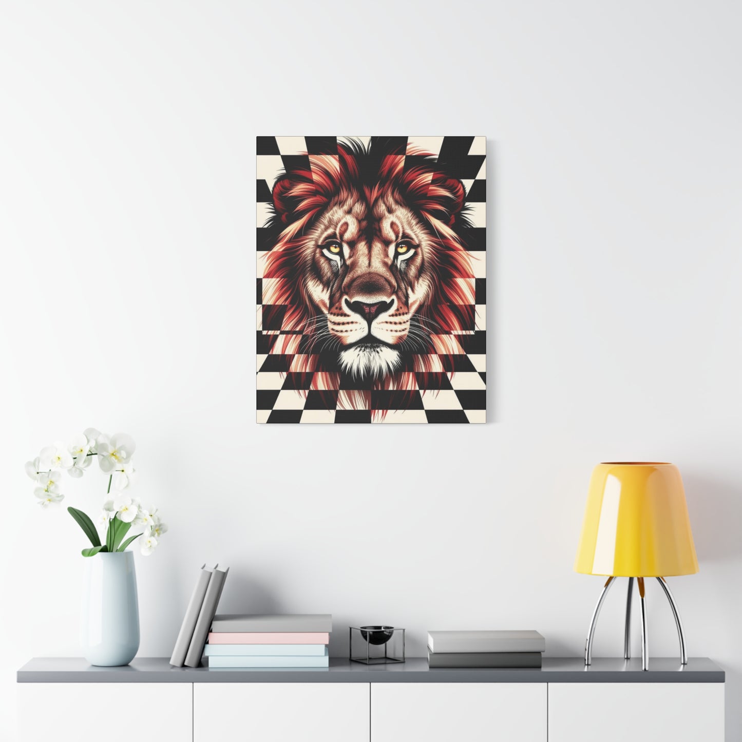 Lion Canvas Wall Art - Red Mane Checkered Design (8”-60” Sizes) Canvas Print
