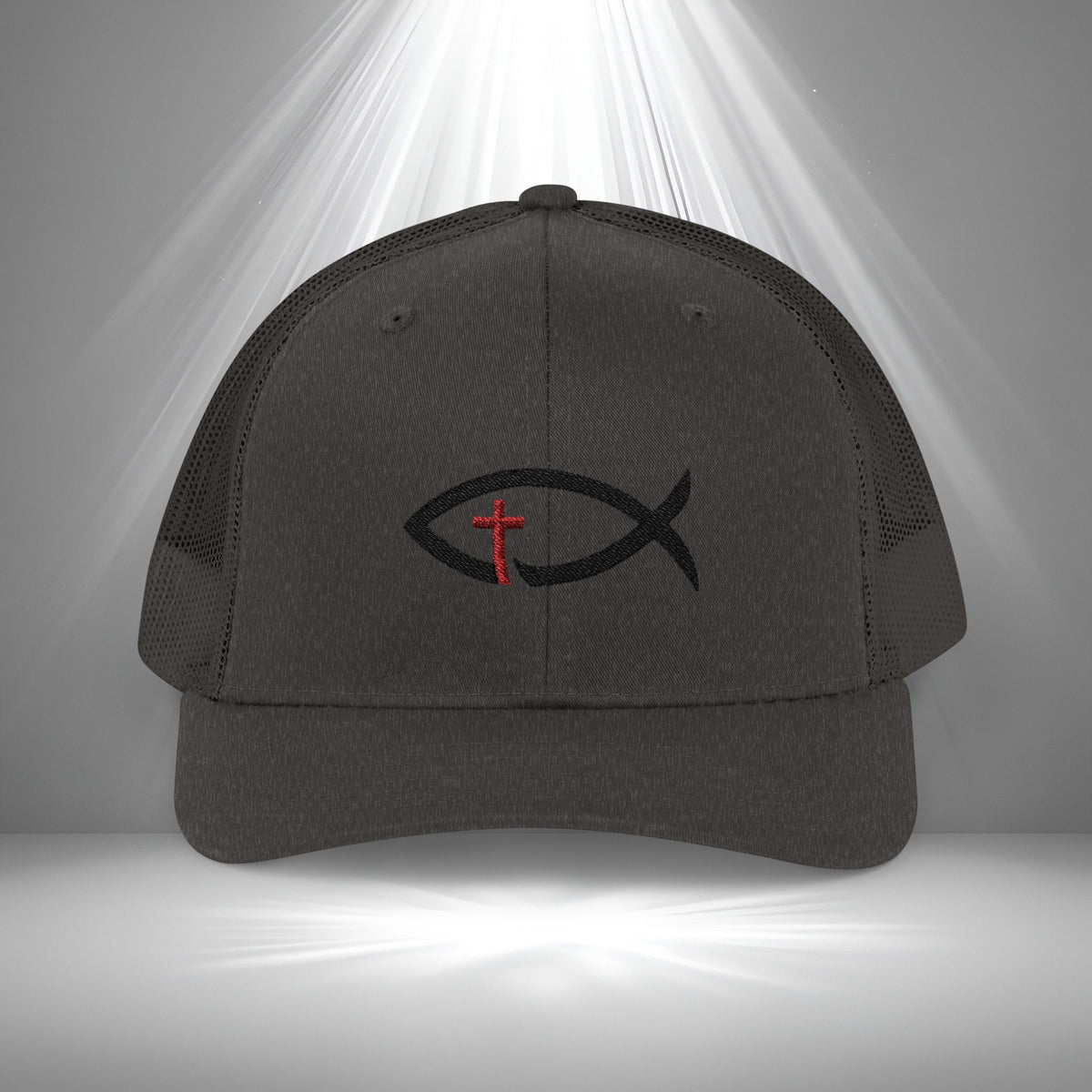 Christian Ichthys Fish Snapback Trucker Cap — Cross Embroidered Faith Hat