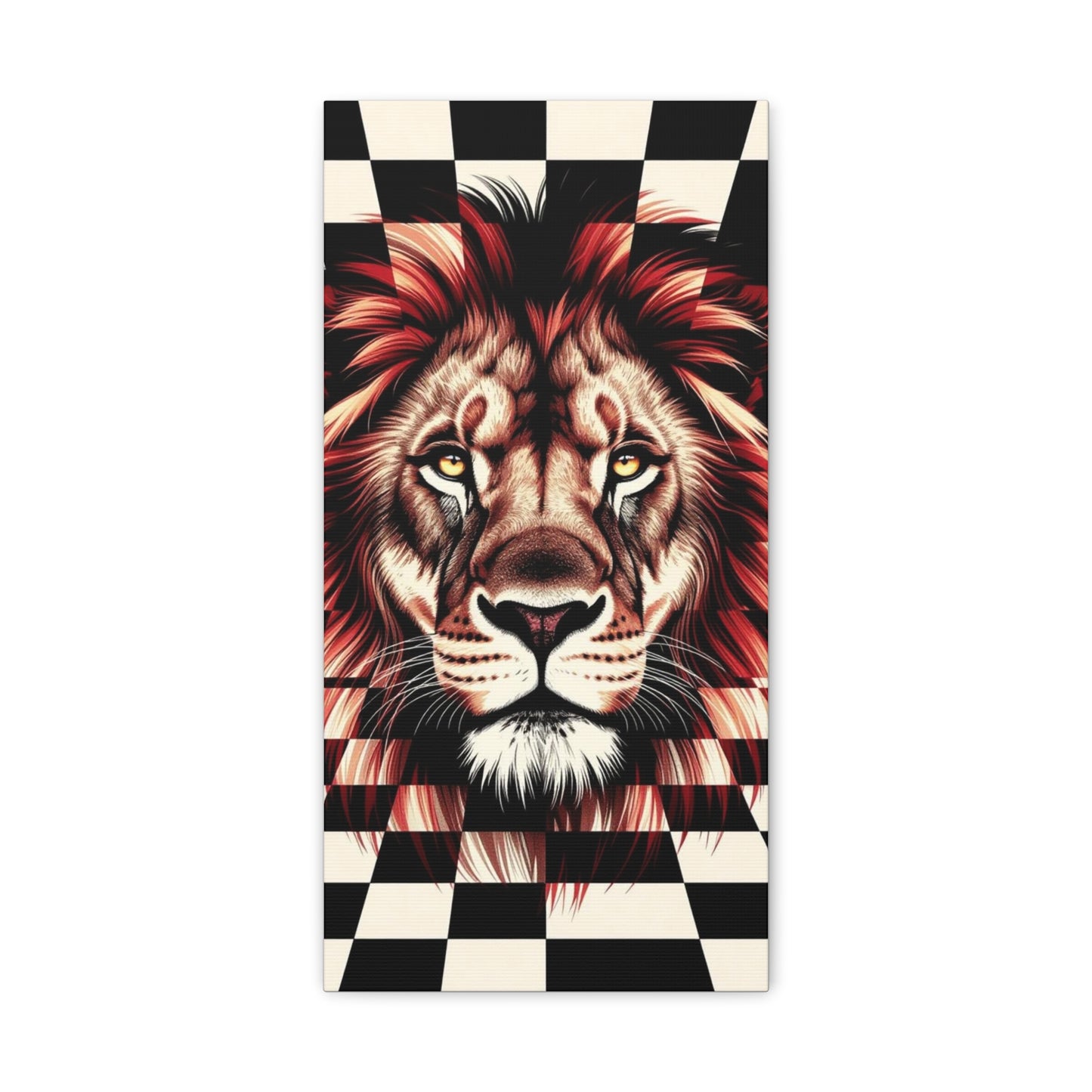 Lion Canvas Wall Art - Red Mane Checkered Design (8”-60” Sizes) Canvas Print
