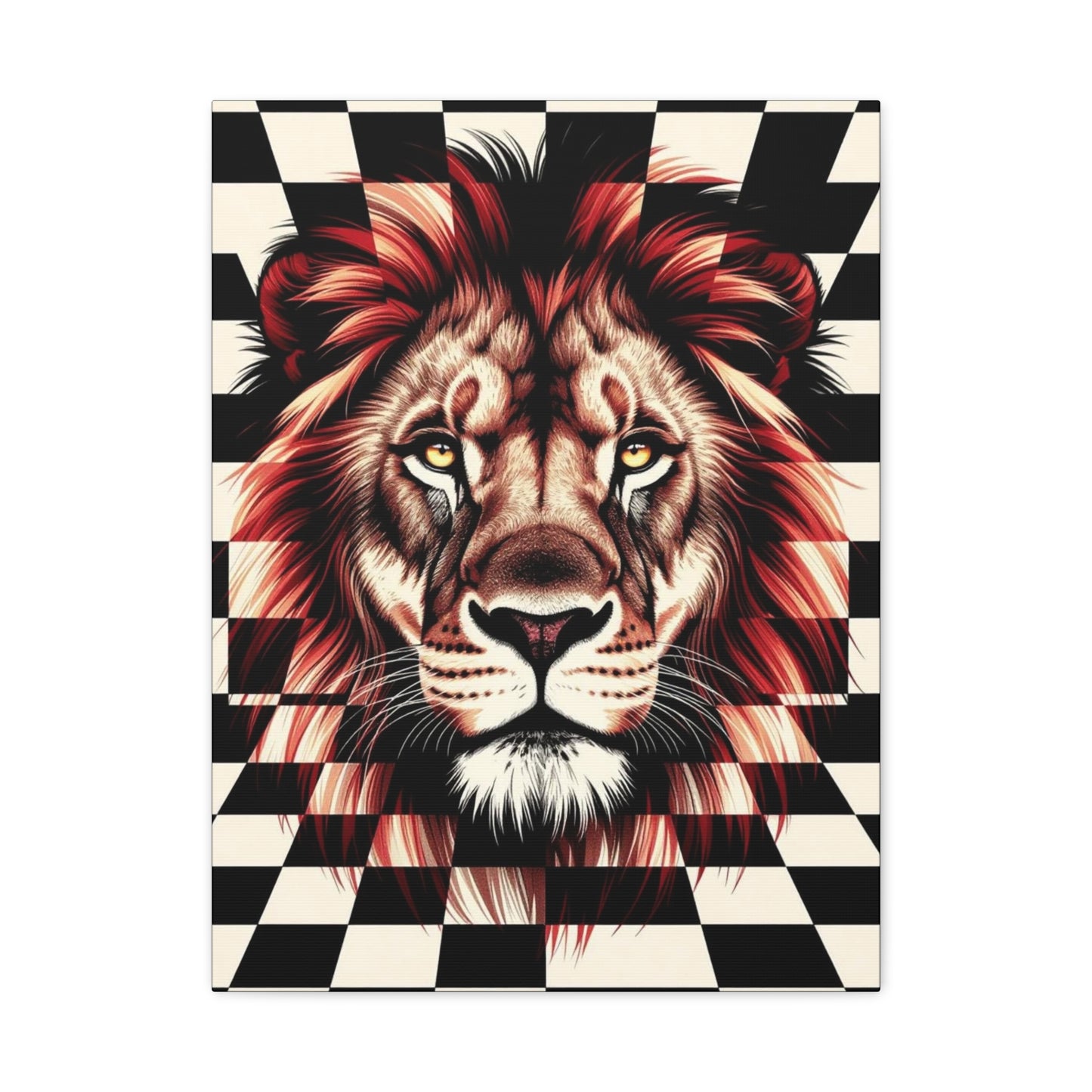 Lion Canvas Wall Art - Red Mane Checkered Design (8”-60” Sizes) Canvas Print