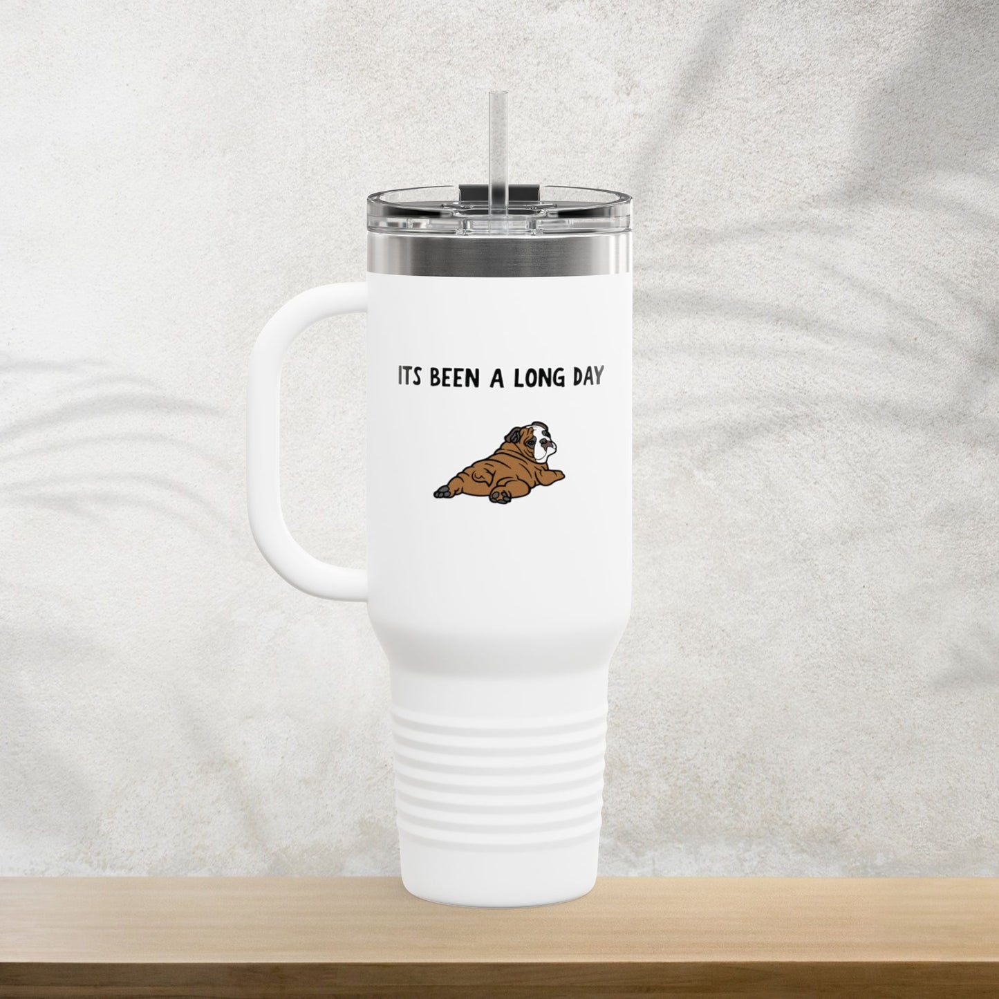 “It’s Been a Long Day” Tired Bulldog 40oz Travel Mug – Cute Funny Puppy Design for Coffee Lovers
