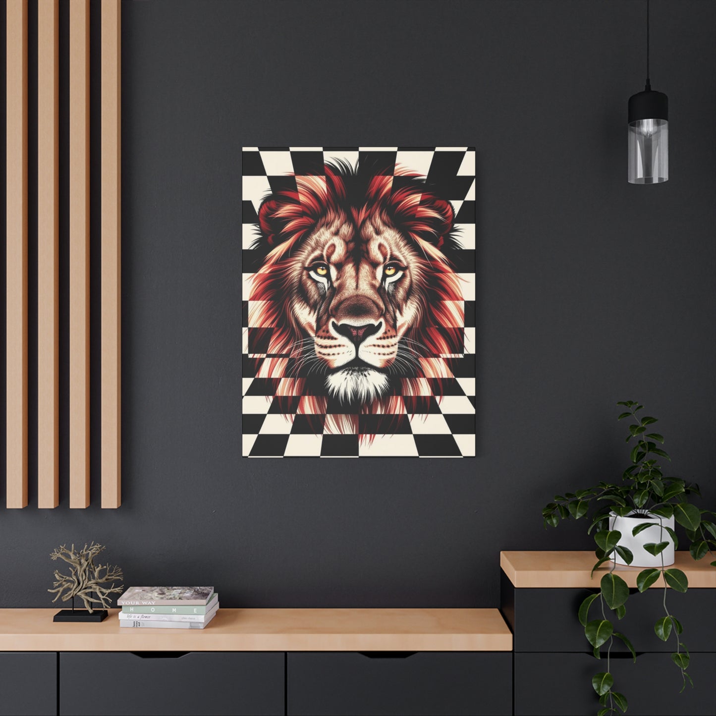Lion Canvas Wall Art - Red Mane Checkered Design (8”-60” Sizes) Canvas Print